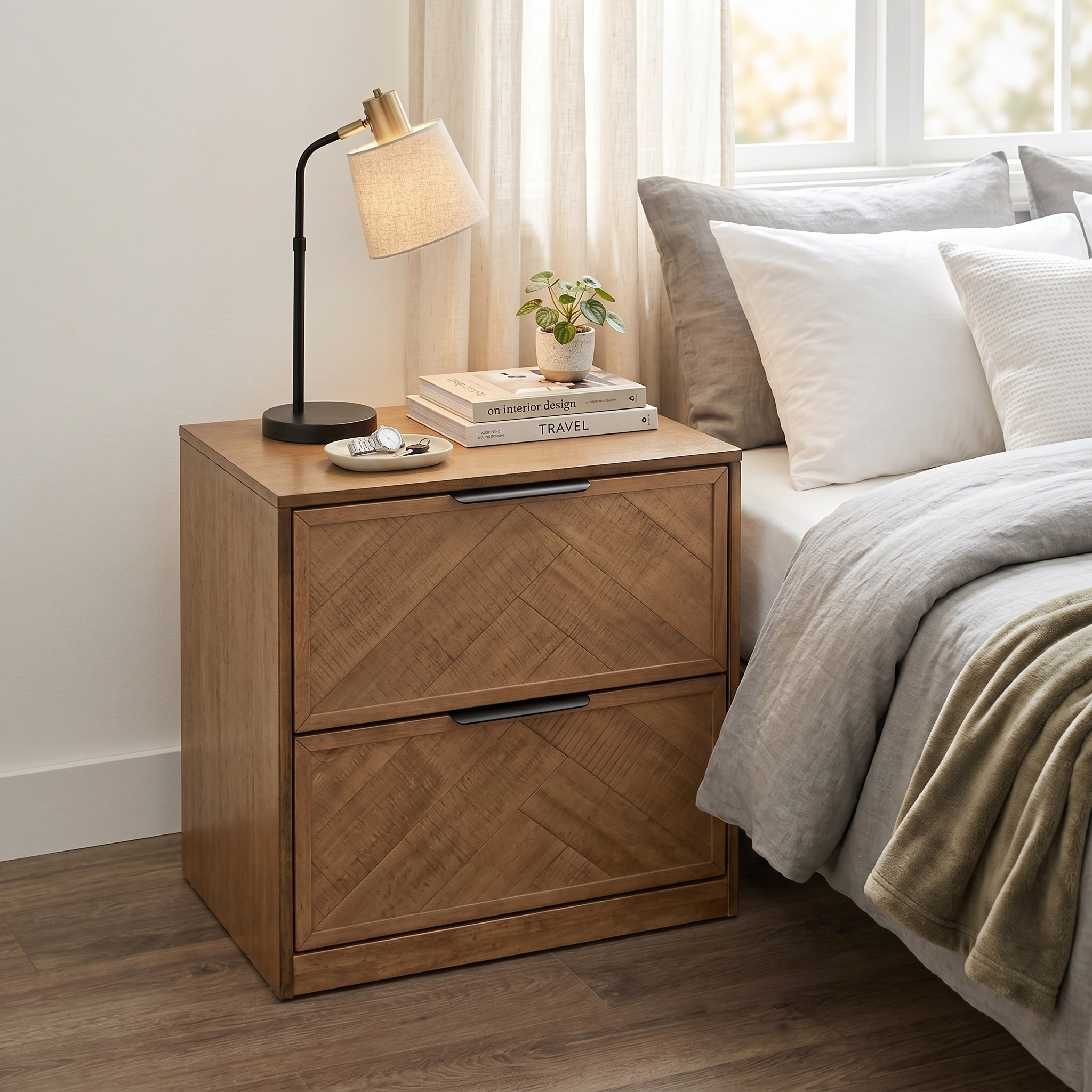 Wooden nightstand with lamp and books next to a bed with pillows and blanket.