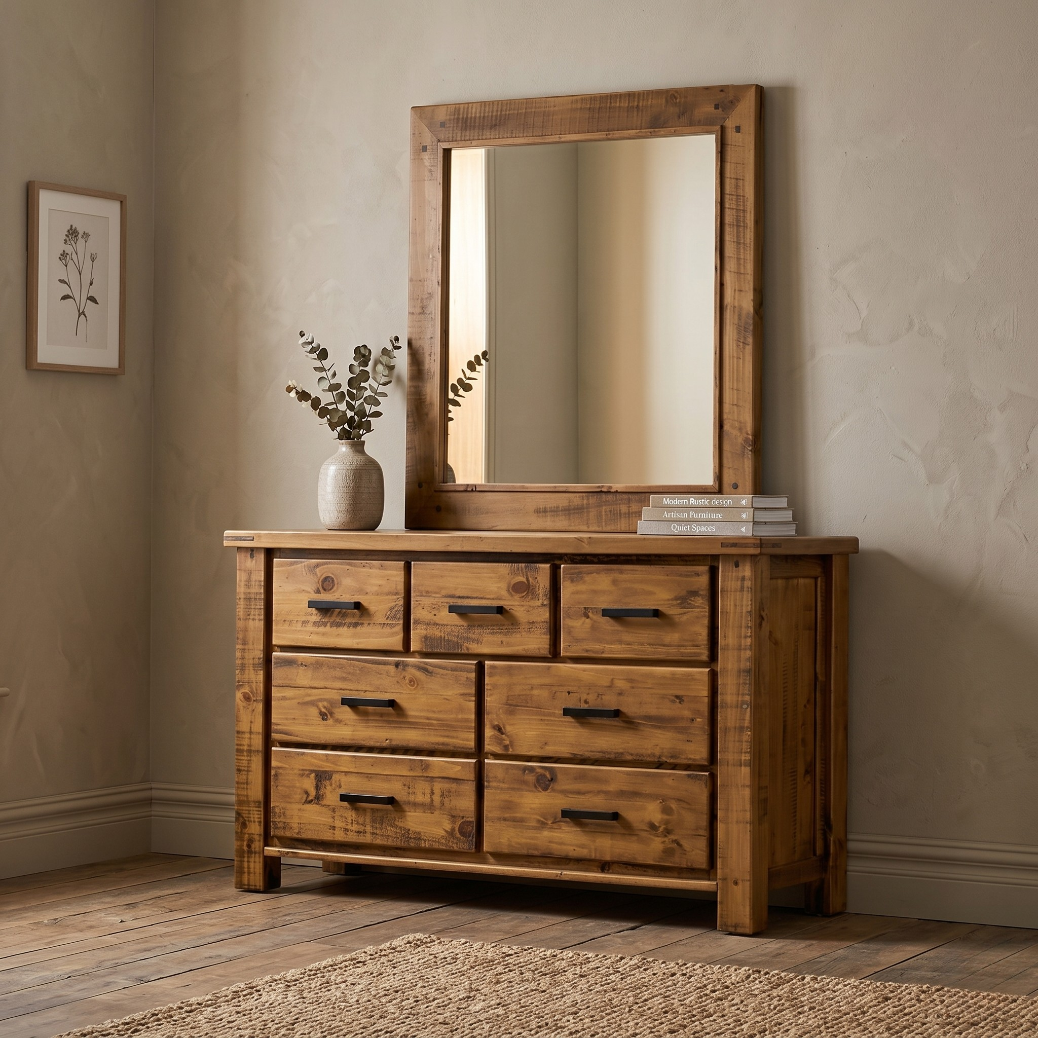 Wooden dresser with mirror in a room setting