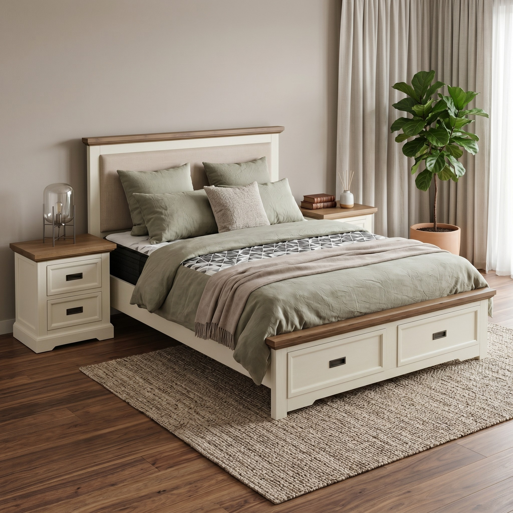 Bedroom with a wooden bed and matching nightstands, decorated with pillows and a plant.