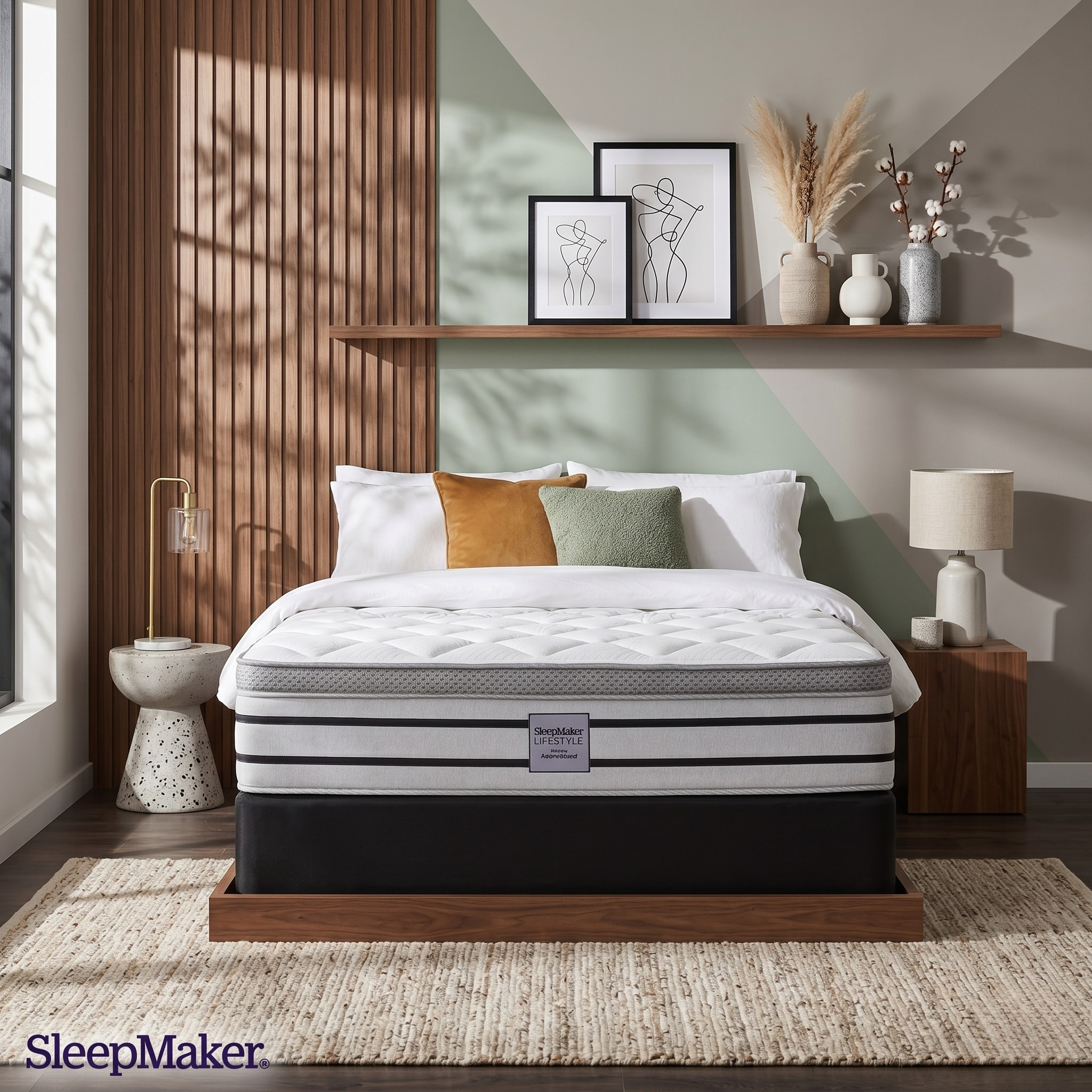 SleepMaker mattress in a bedroom setting with decor elements.