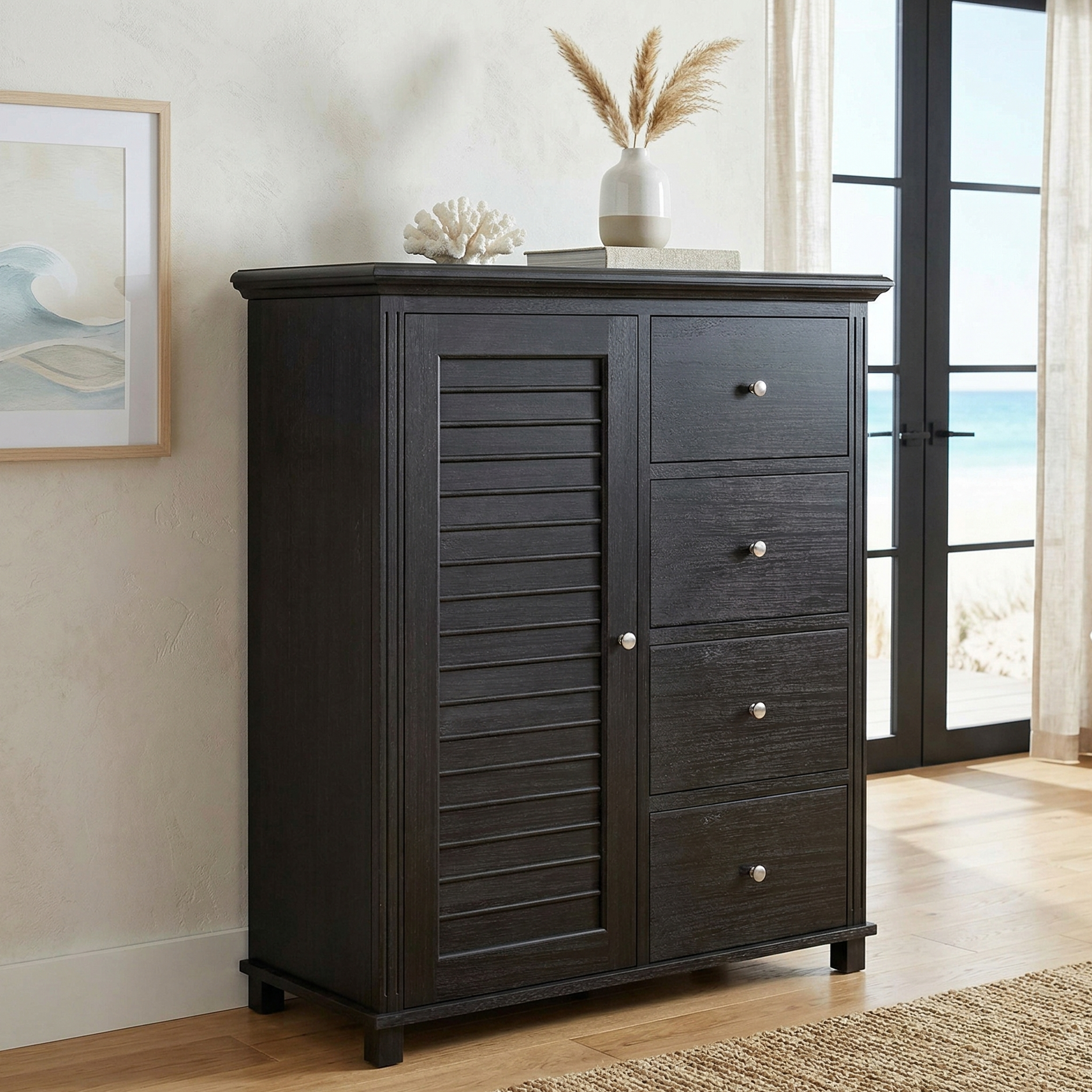 An image of a tall, dark-stained wood storage cabinet with a louvered door and four drawers, positioned in a modern coastal-styled room with an ocean view.