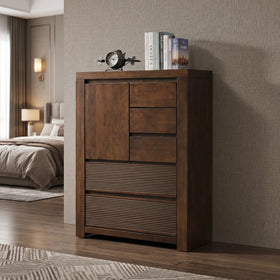 Wooden dresser with decorative items in a bedroom setting