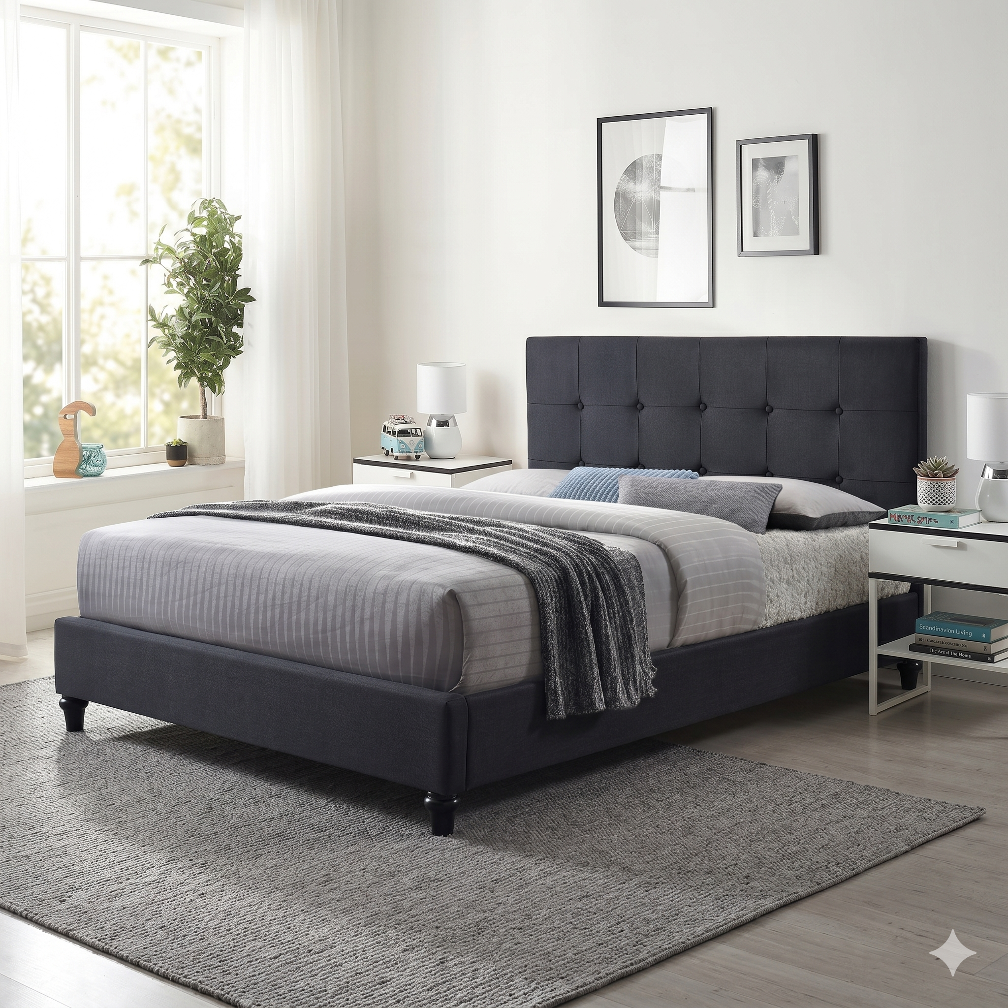 Modern bedroom with a black grey upholstered bed, light bedding, and decorative items.