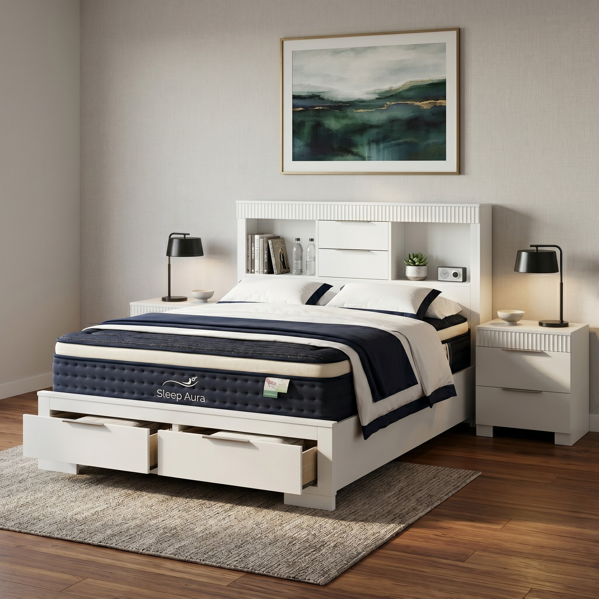 White bed frame with storage drawers in a bedroom setting.
