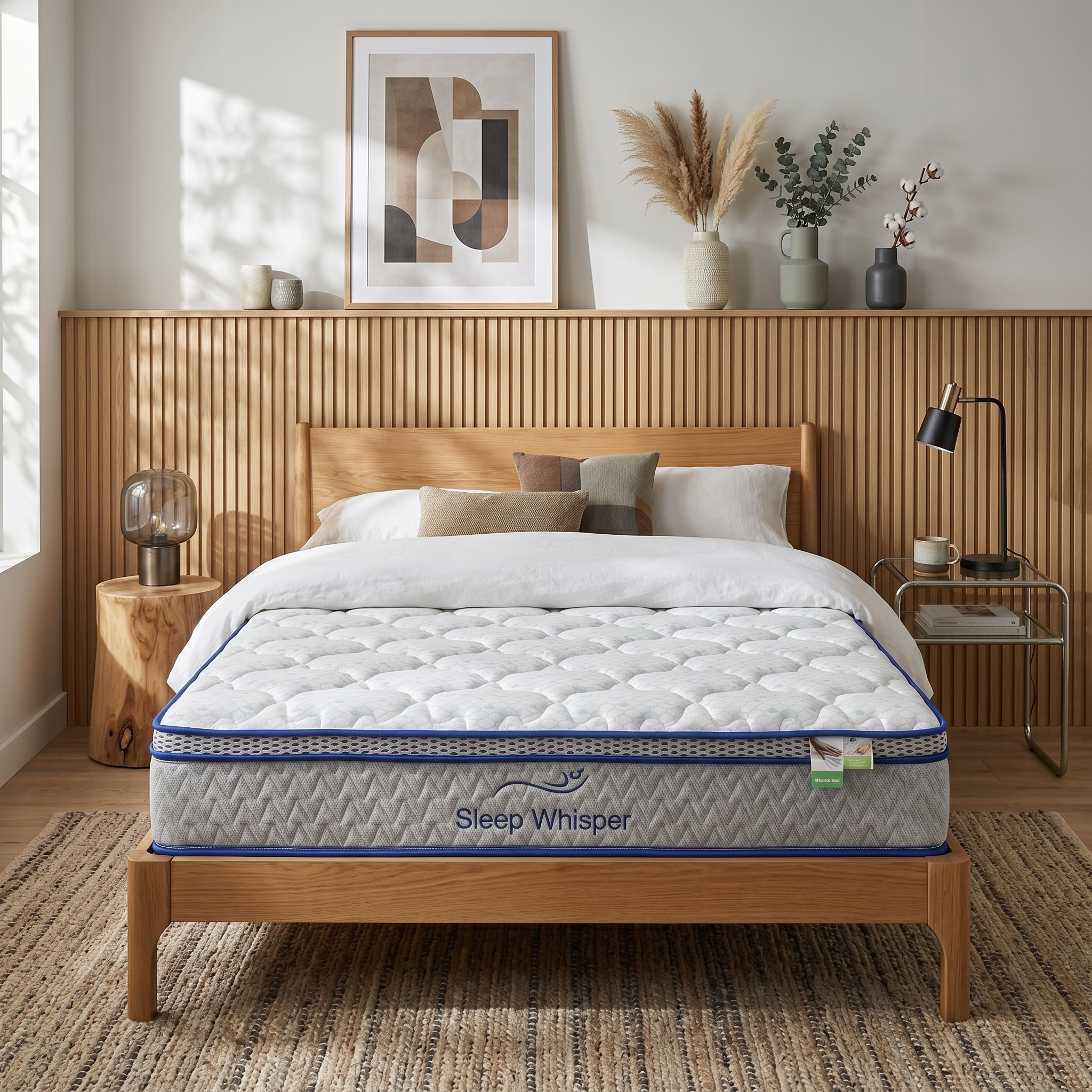Sleep Whisper mattress on a bed in a bedroom setting with wooden headboard and decor.