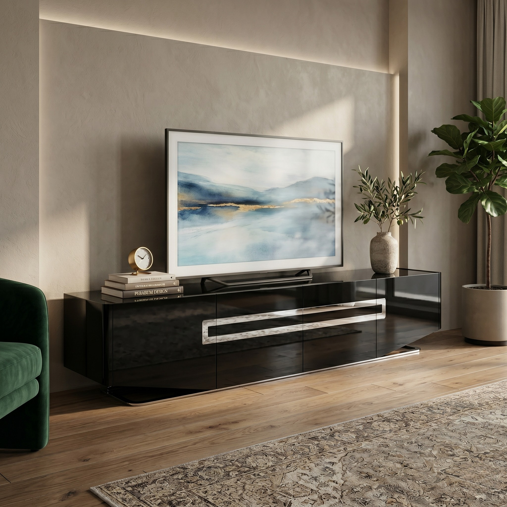 Modern living room with a television on a black stand, decorative plant, and green sofa.