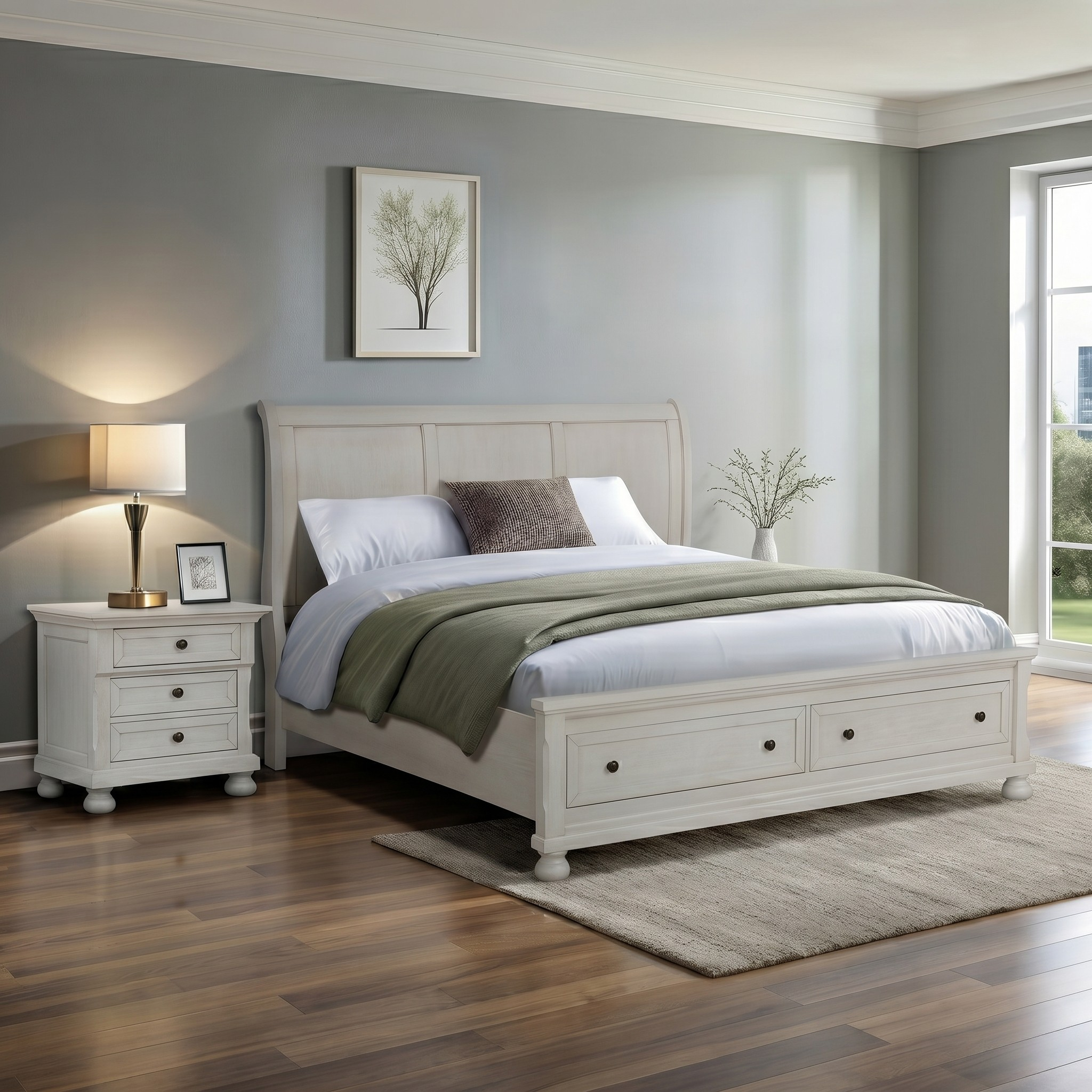 Neatly arranged bedroom with a bed, nightstand, and lamp.