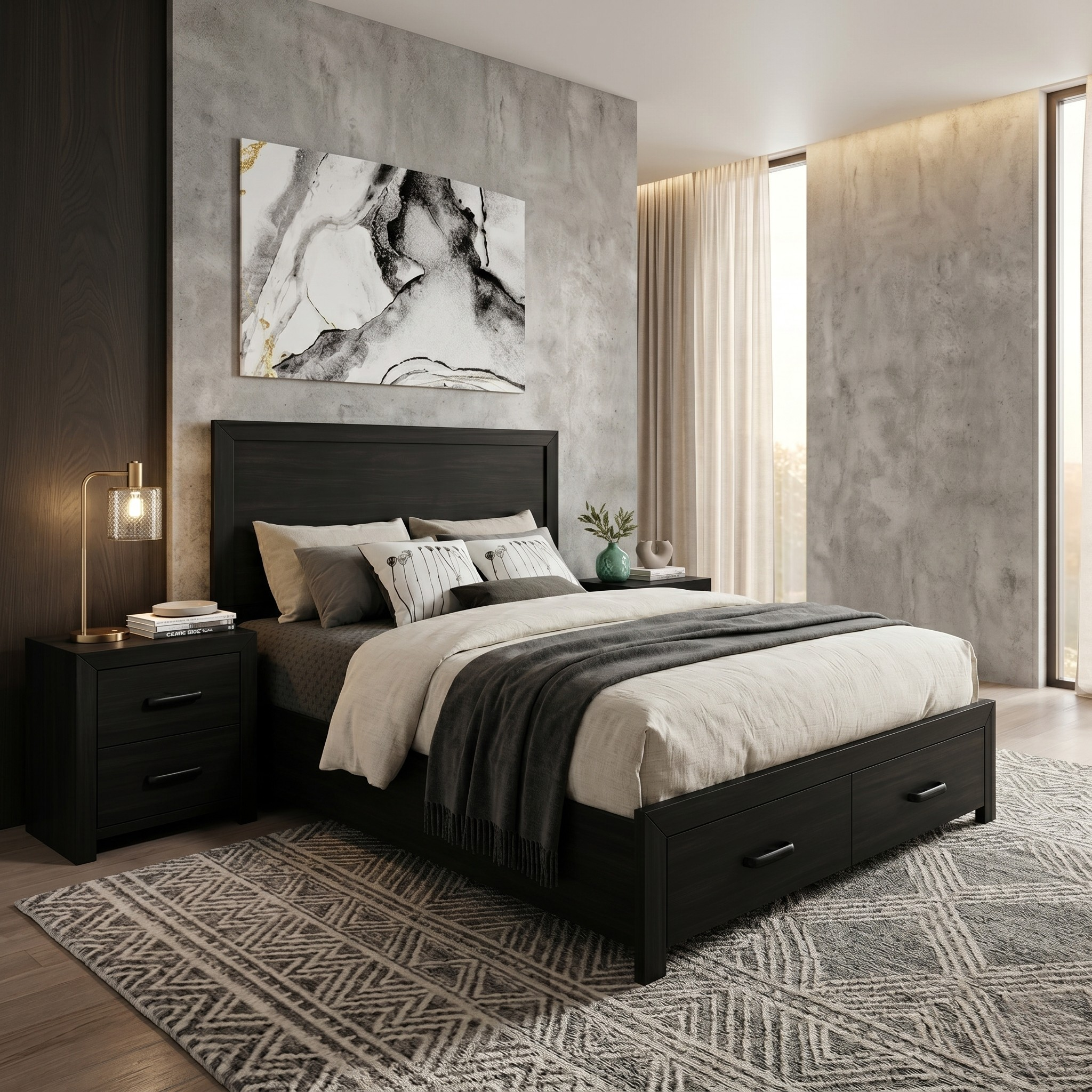 Modern bedroom with a black bed, nightstands, and abstract art on the wall.