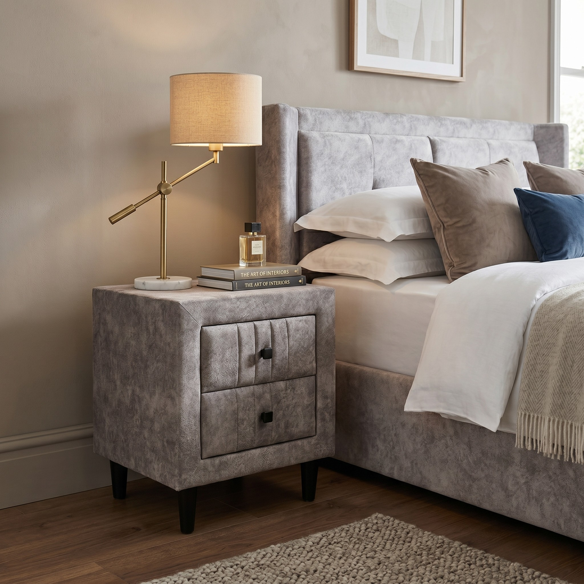 Dark Gray upholstered nightstand next to a bed with pillows and a lamp.