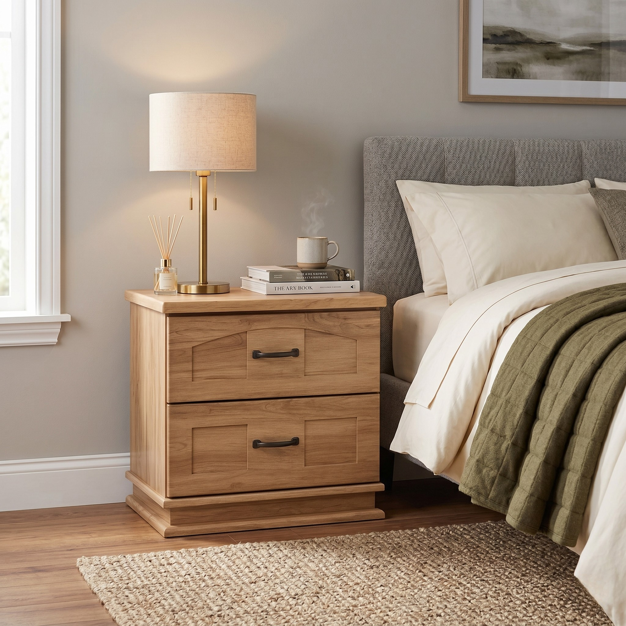 Wooden nightstand with lamp and books next to a bed in a bedroom.