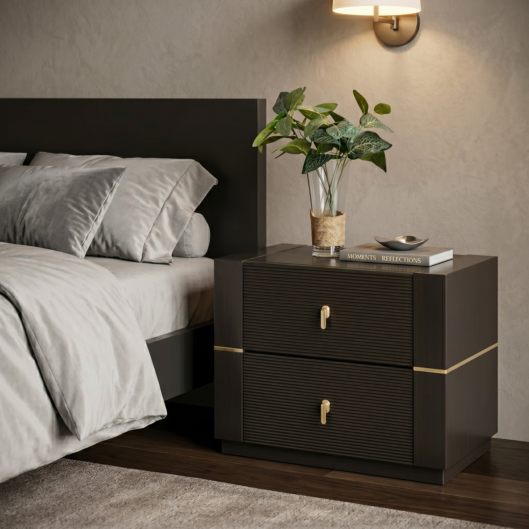 Dark wooden nightstand with a plant and books next to a bed in a bedroom.