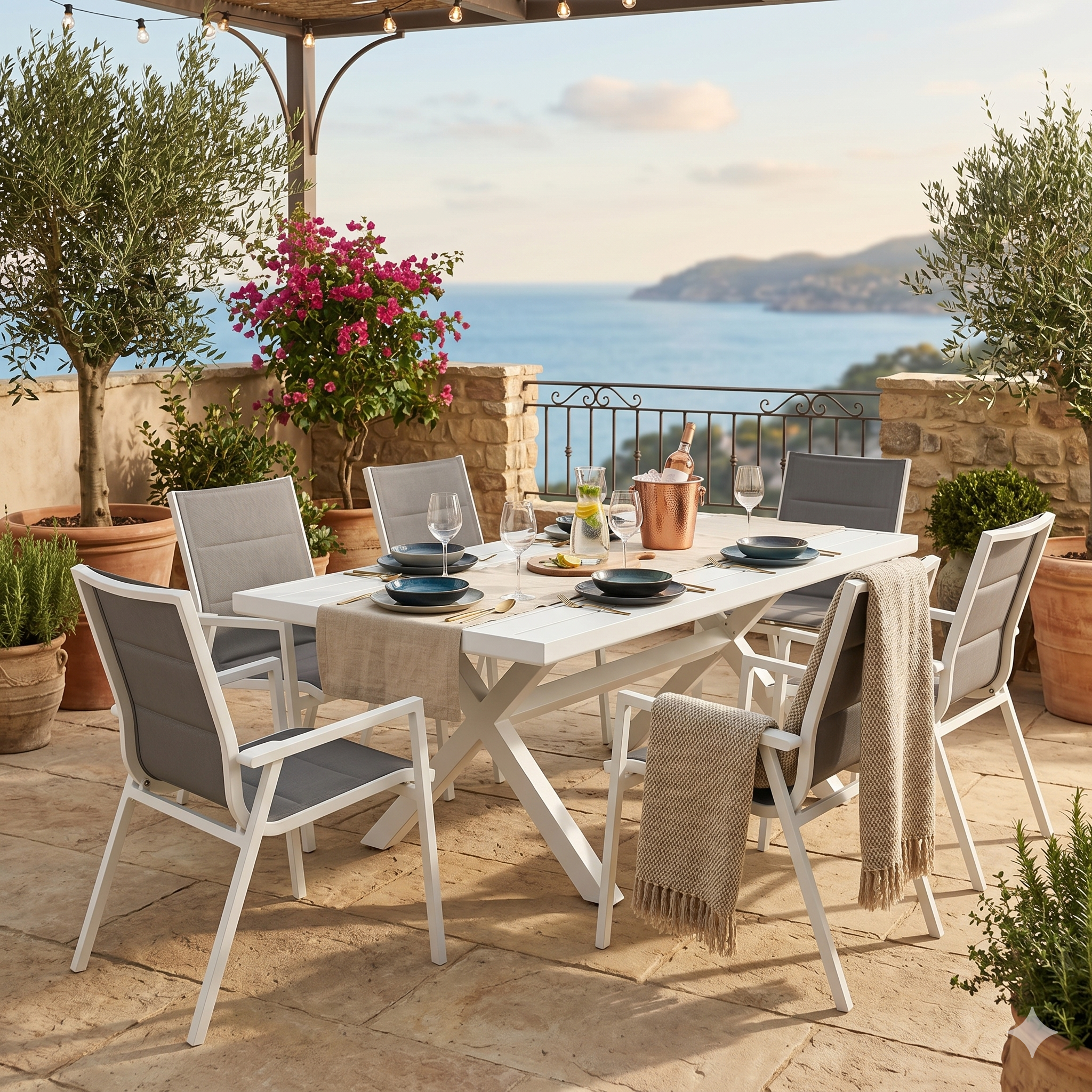 Outdoor dining setup with a table and chairs on a patio overlooking the ocean.