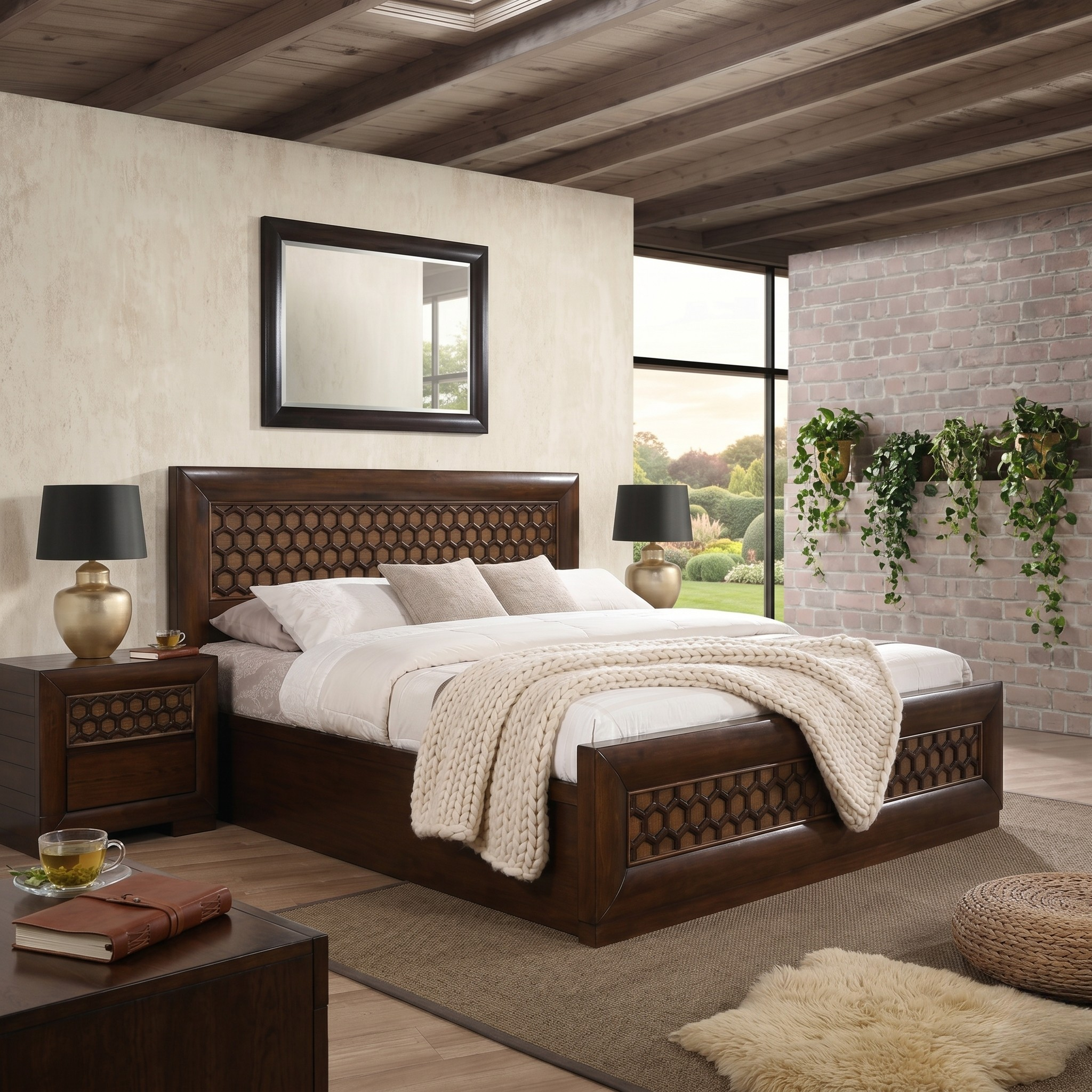 Modern bedroom with wooden bed, nightstands, and decor elements.