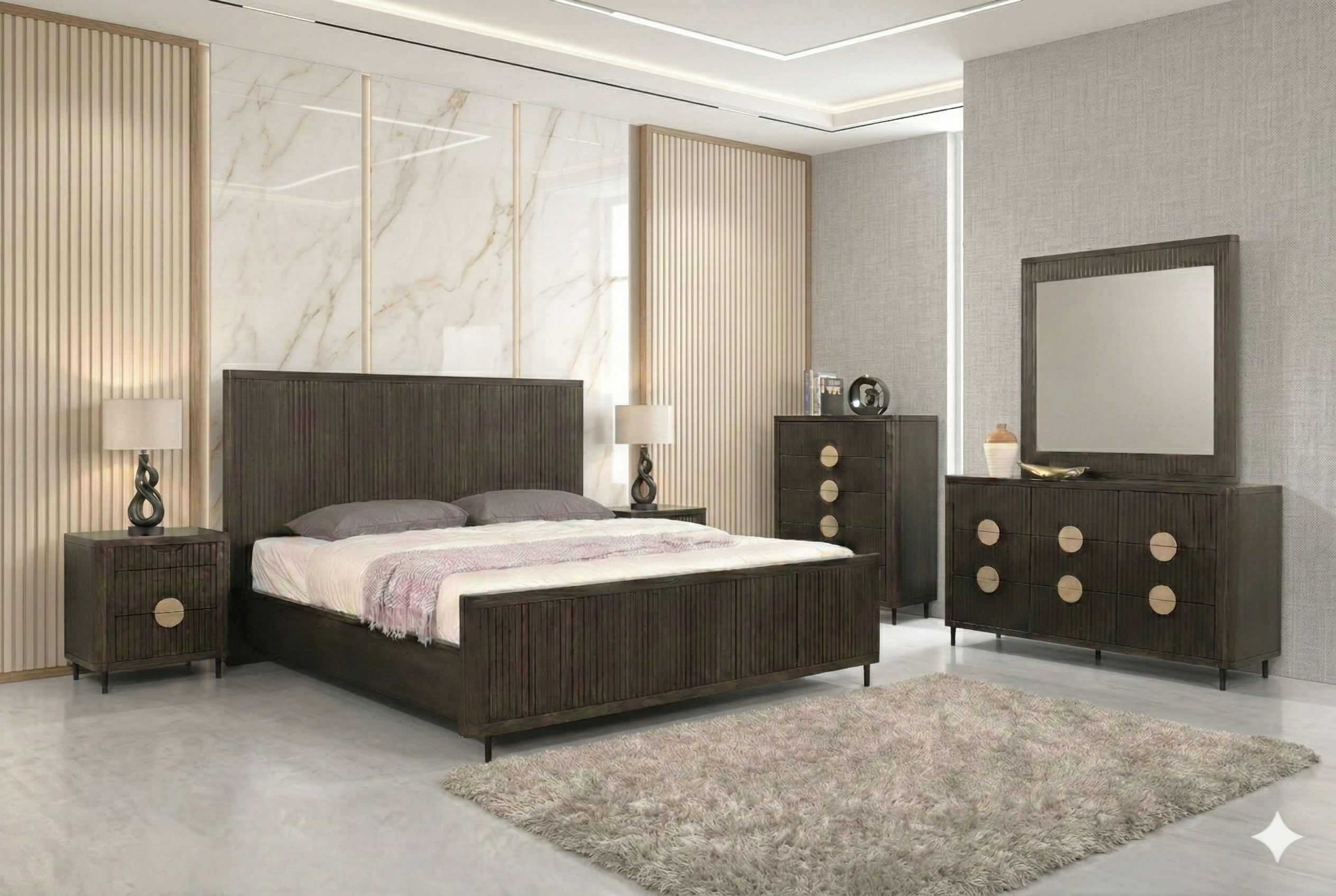 Modern bedroom set with wooden furniture in a stylish room.