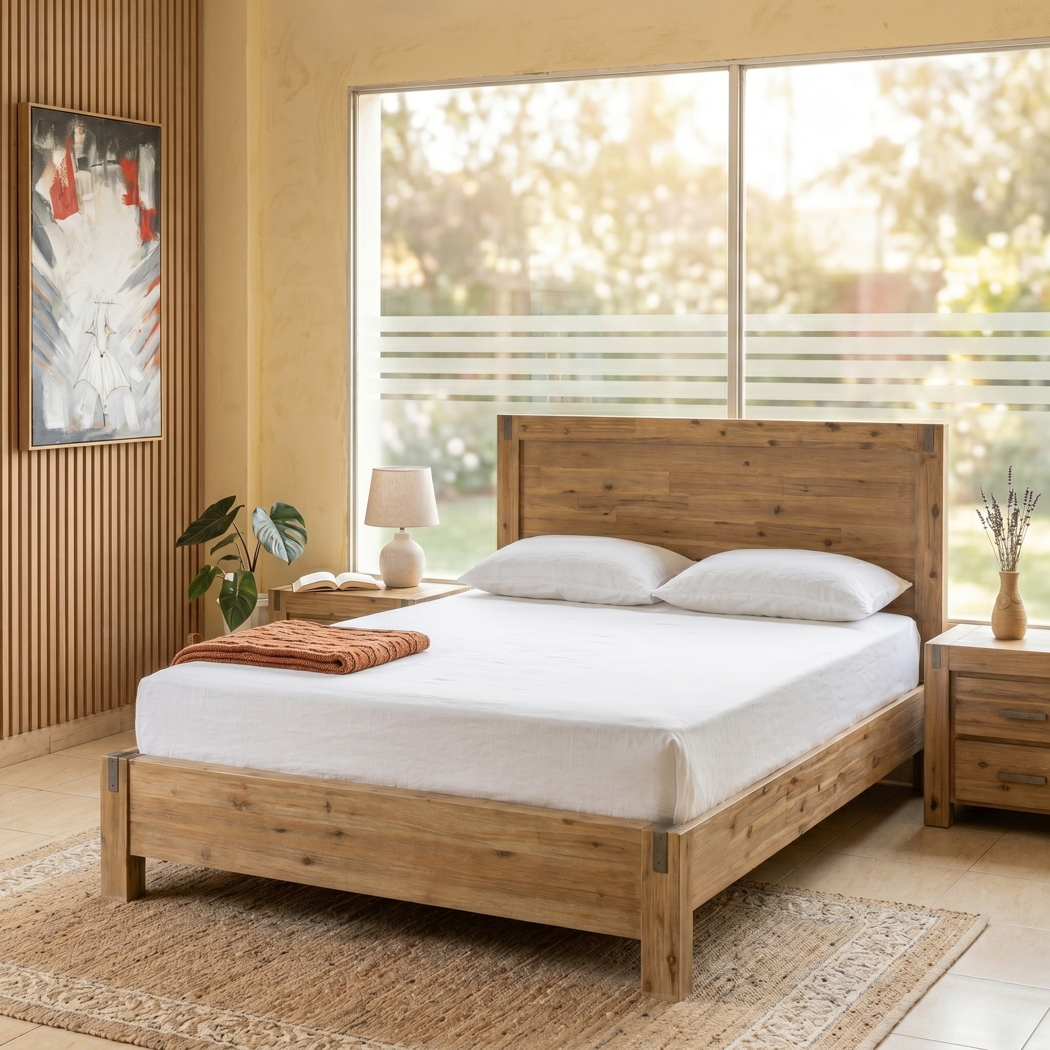 Wooden bed in a bright bedroom with large windows