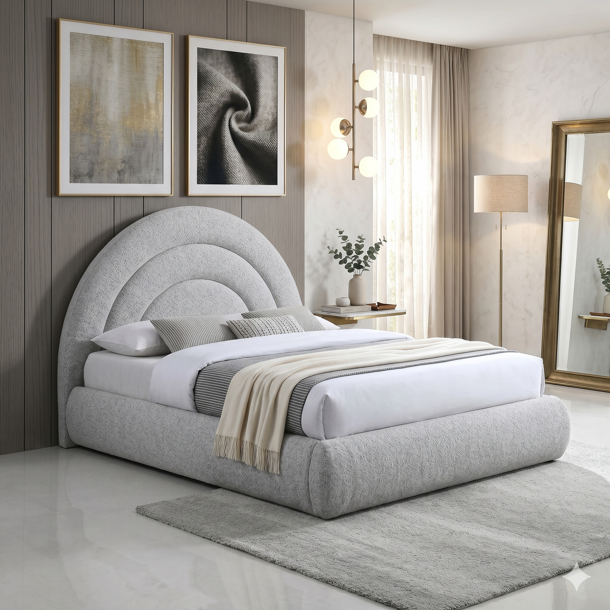Modern bedroom with a gray upholstered bed, abstract art on the wall, and decorative elements.