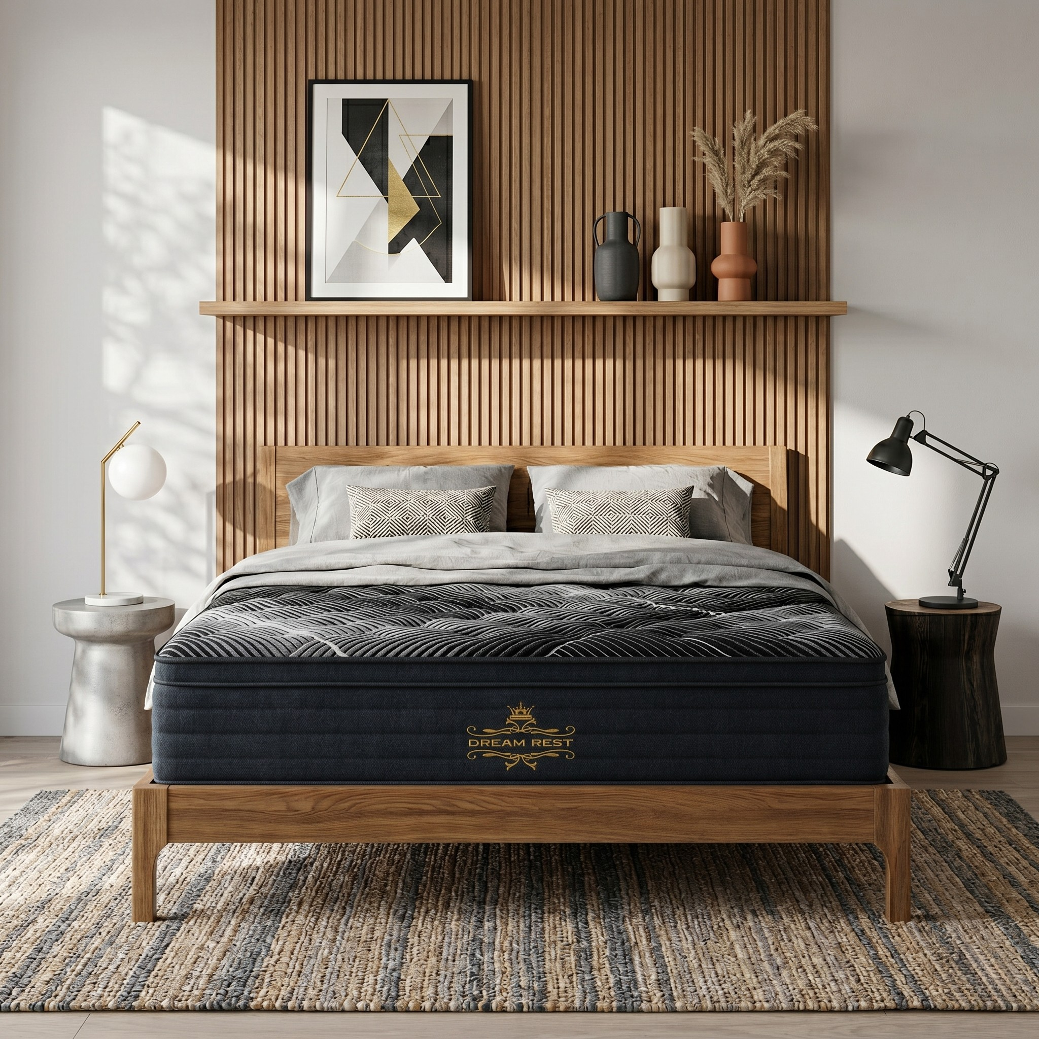 Bedroom with a wooden bed frame and mattress, shelves with decor, and a rug.