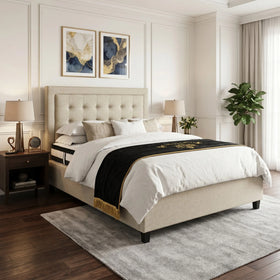 Neatly made bed in a stylish bedroom with decor elements.