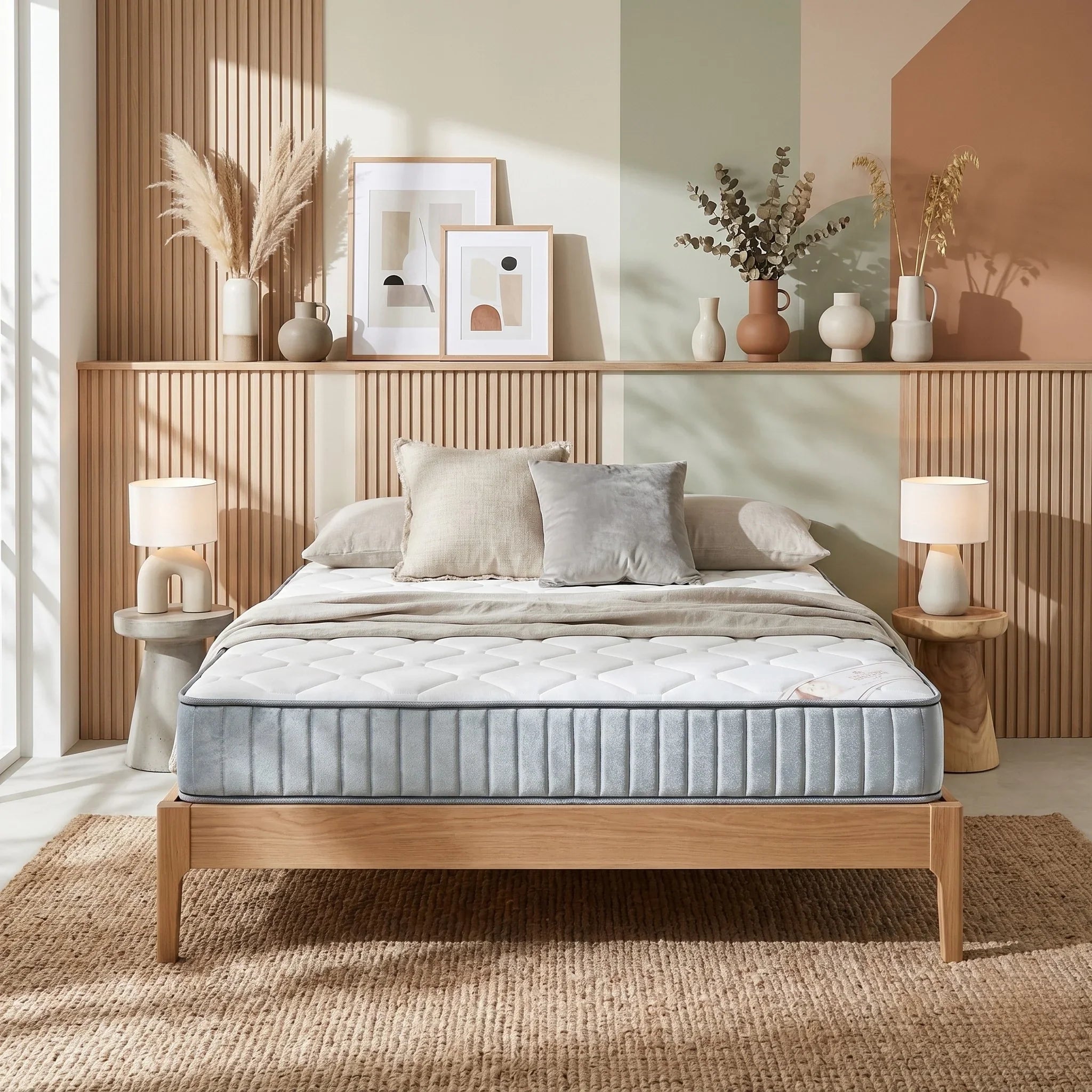 Sleep Rest Single Mattress on a wooden bed frame in a bright, modern bedroom with neutral-toned pillows, textured rug, and decorative vases on a wooden shelf.