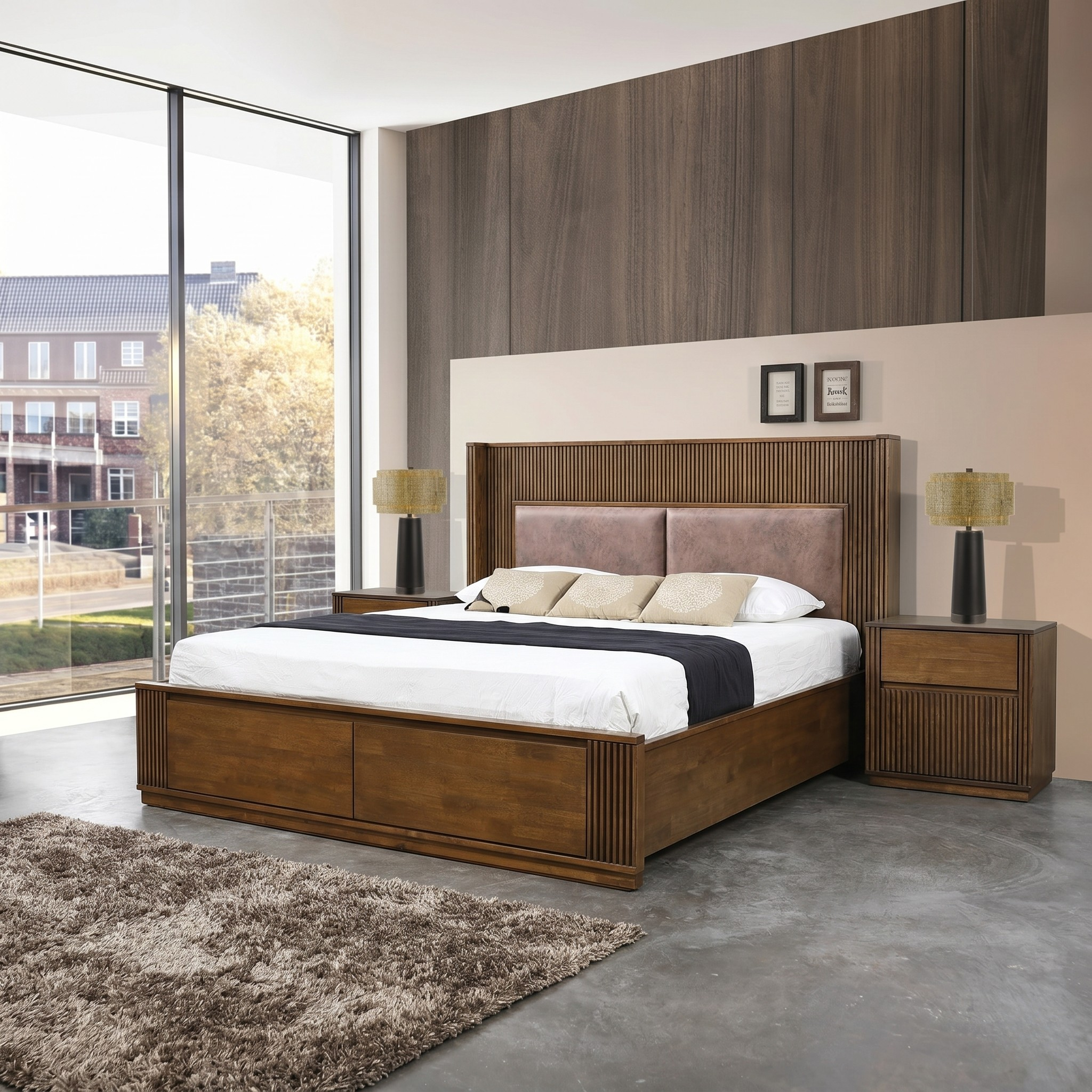 Modern bedroom with wooden bed and matching nightstands.