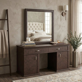 Dresser with mirror in a bedroom setting
