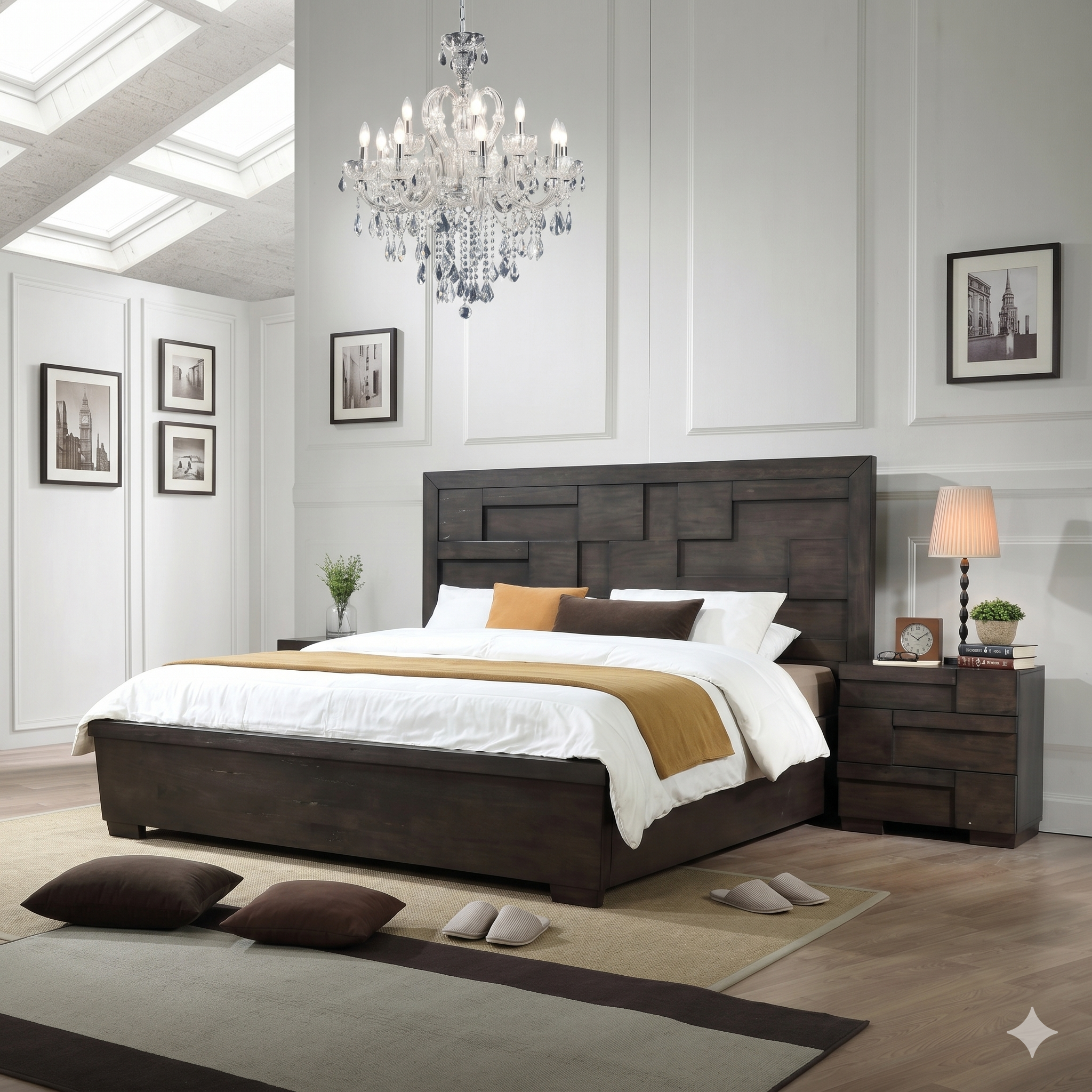 Modern bedroom with a dark wood bed, chandelier, and framed pictures on the wall.