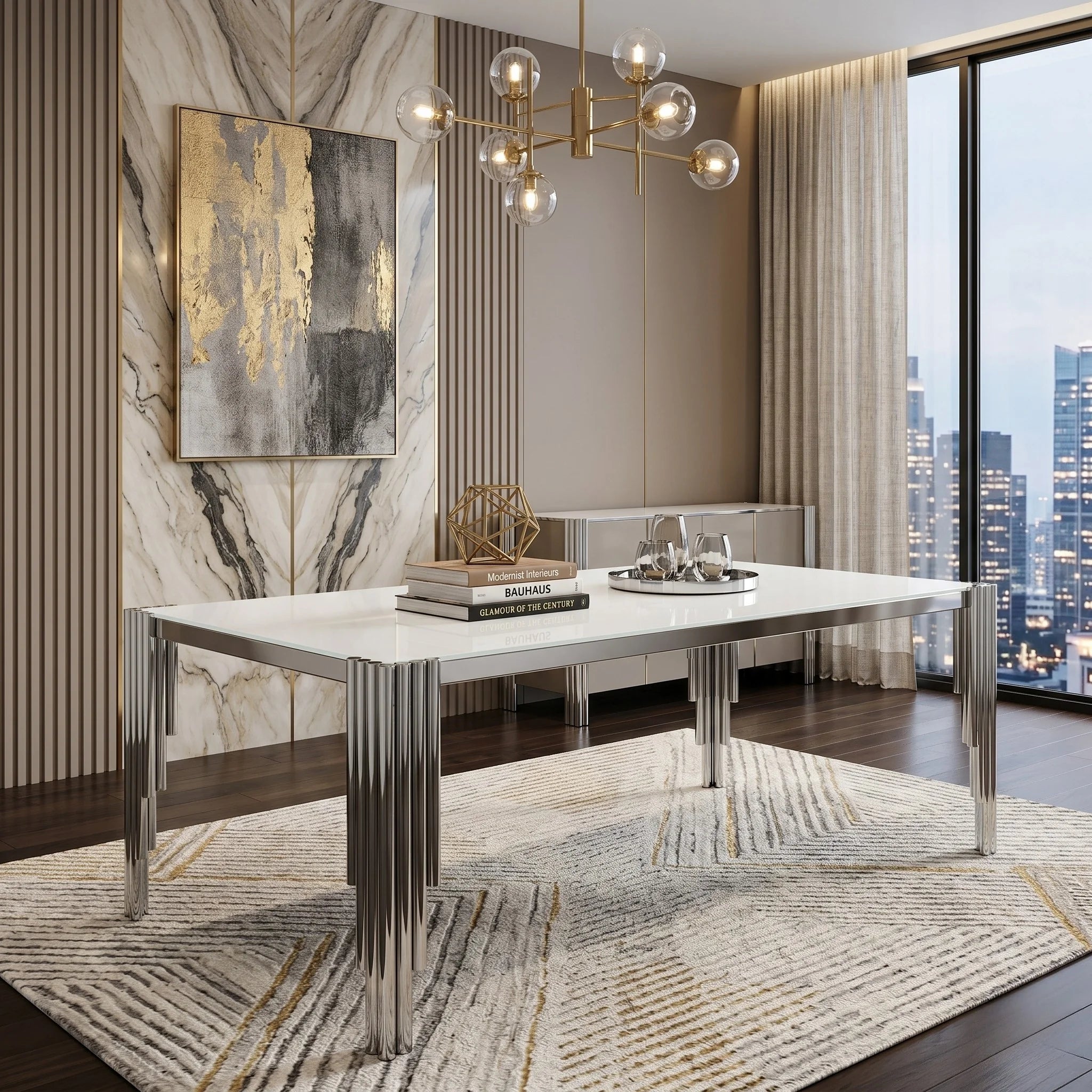 Modern dining room with a marble table, chandelier, and cityscape view.