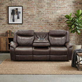 Sunshine 3 Seater Air Leather Electric Recliner Lounge in dark brown leather with plush cushioning, center console with cup holders and USB ports, positioned in a modern living room setting.