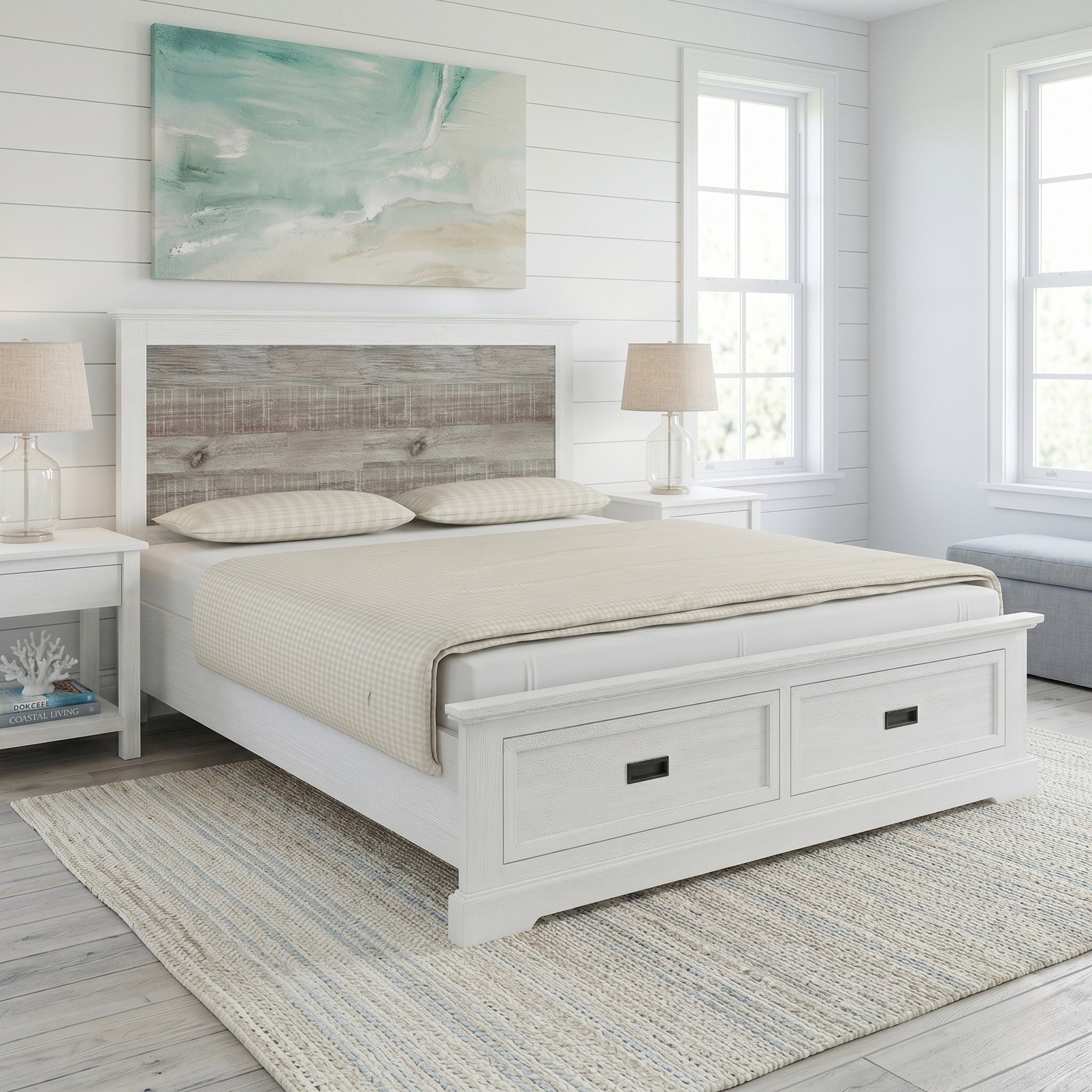 White bedroom with a wooden bed, nightstands, and artwork on the wall.