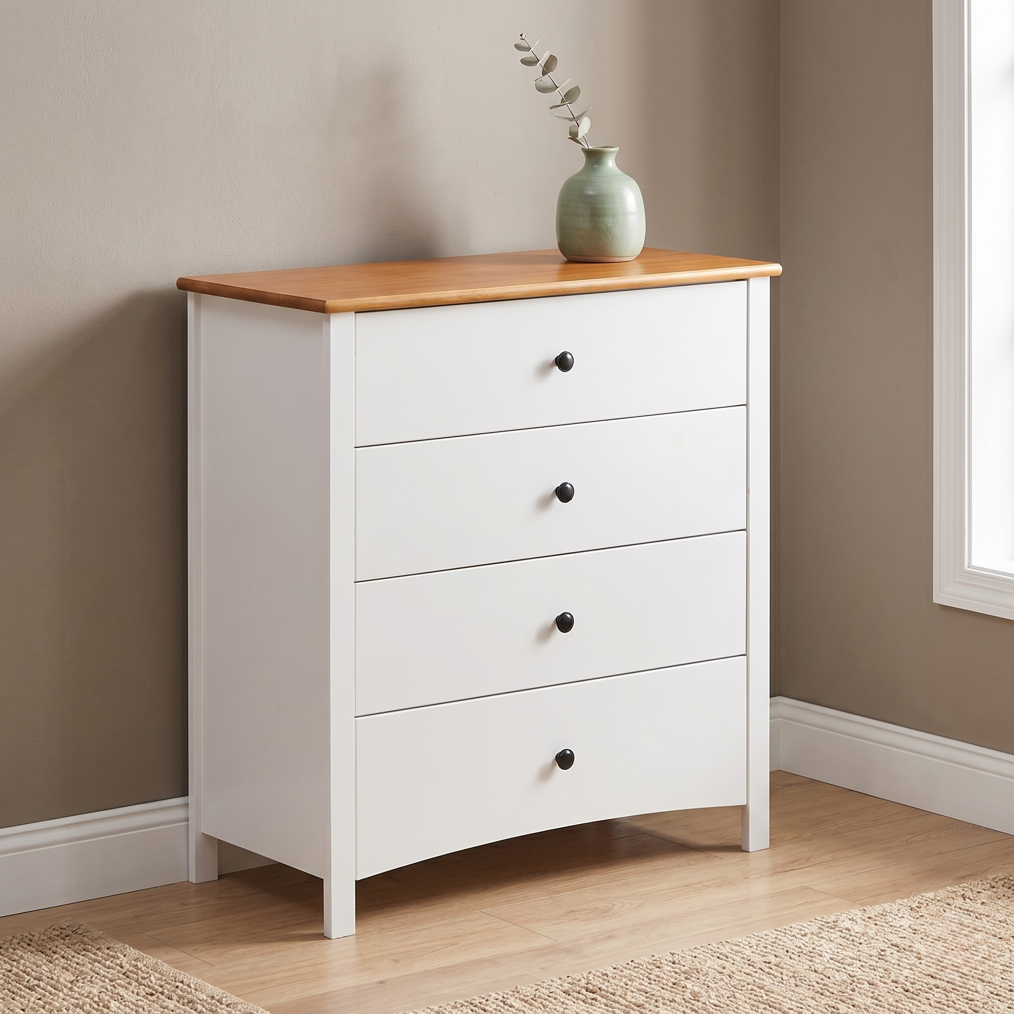 White dresser with wooden top in a room with a neutral color scheme