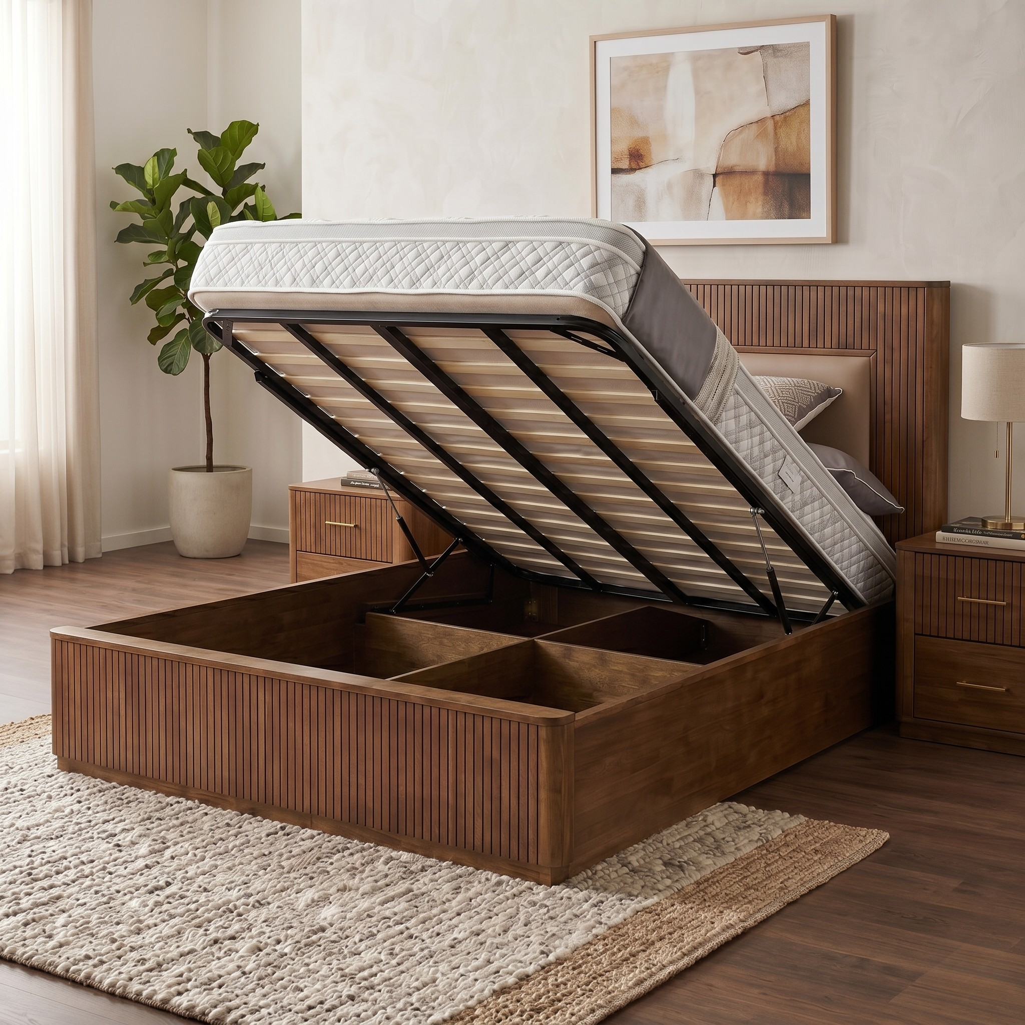 Wooden bed frame with open storage compartments in a bedroom setting.