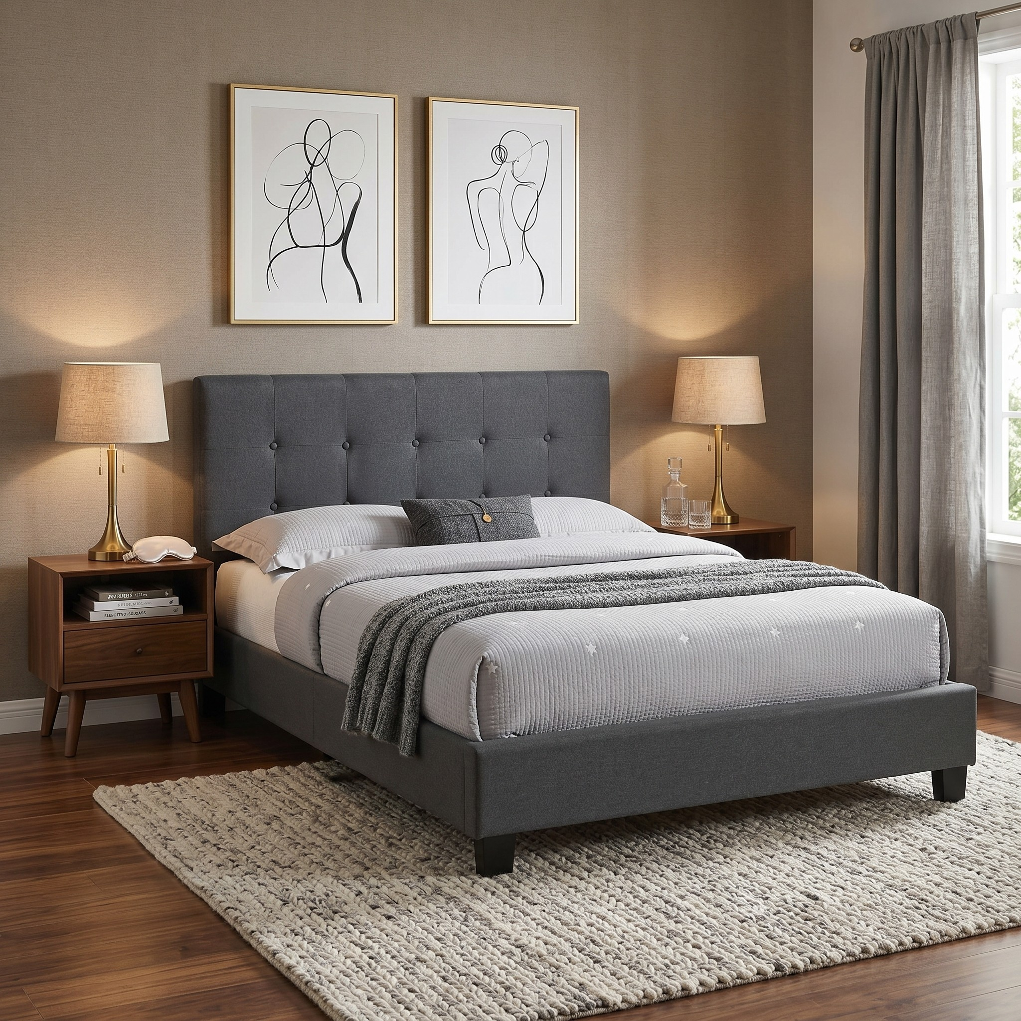 Modern bedroom with gray upholstered bed, nightstands, and framed art on the wall.