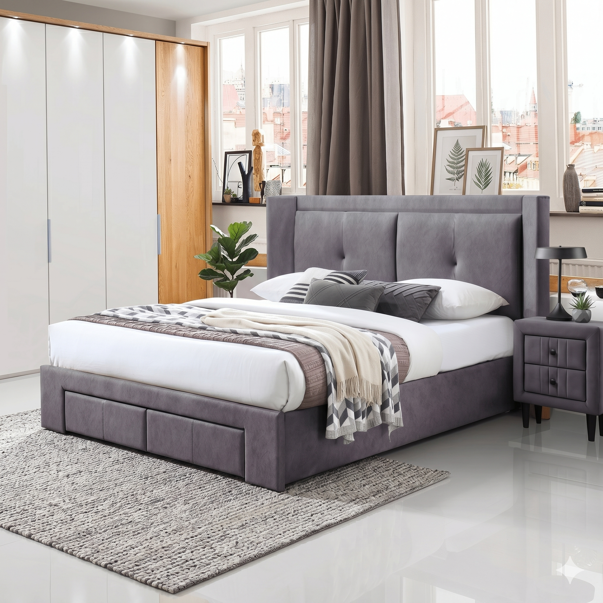 Dark Gray upholstered bed in a modern bedroom with large windows and decor.