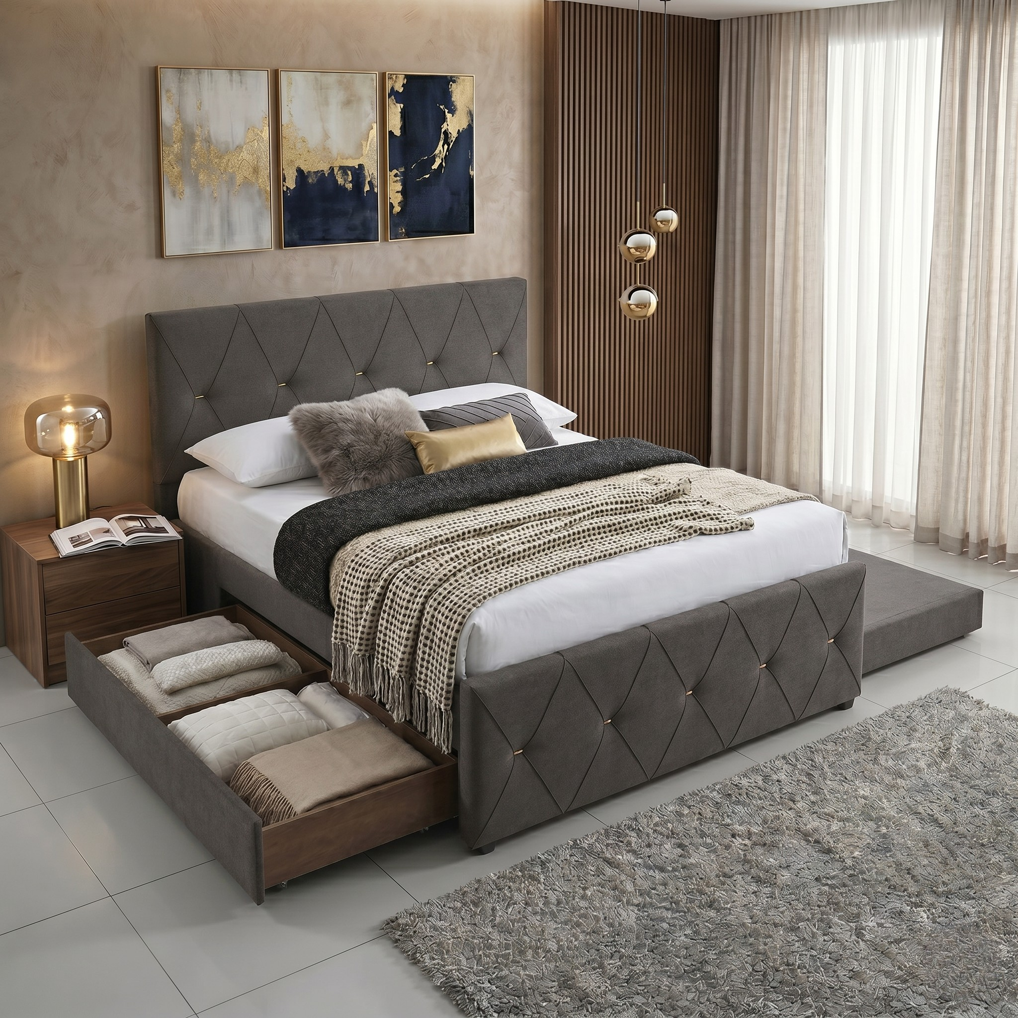 Modern bedroom with a black upholstered bed, nightstands, and decorative elements.