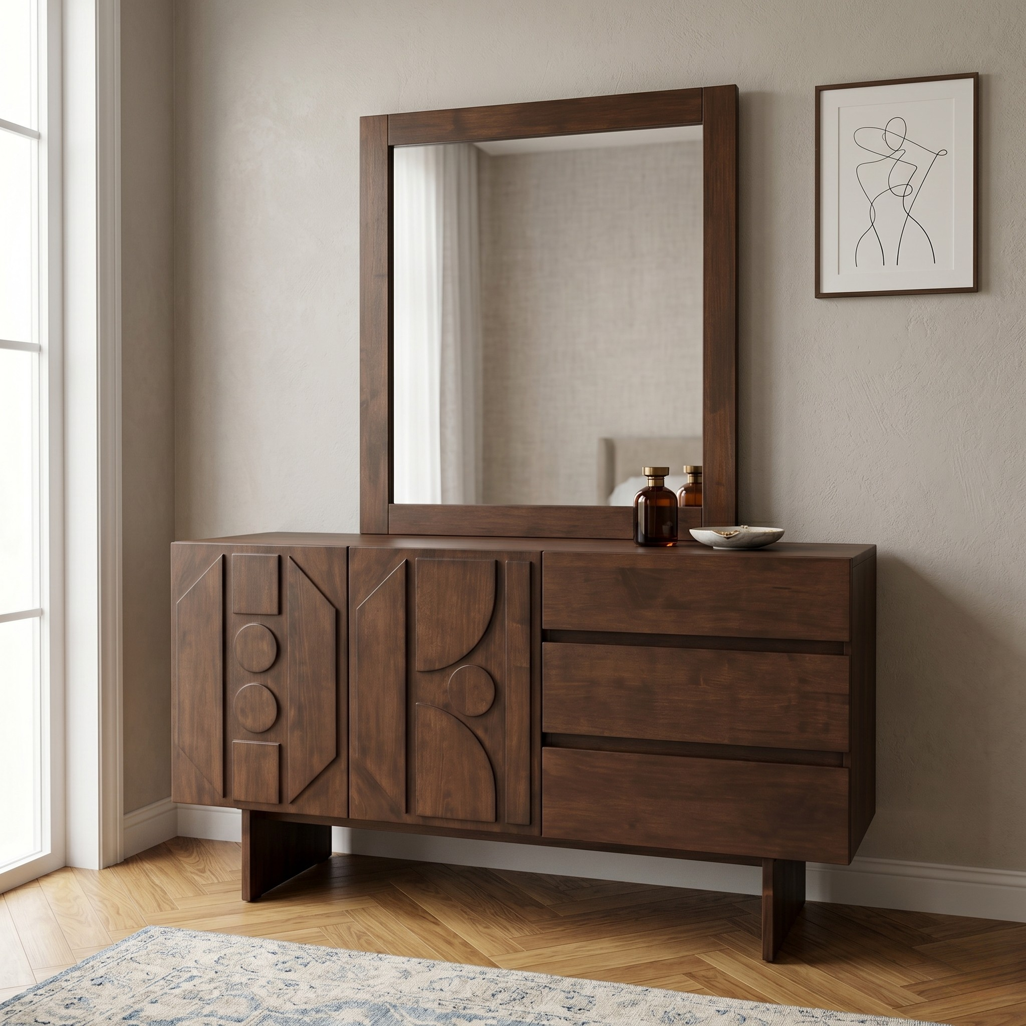 Wooden dresser with mirror in a room with a painting on the wall.