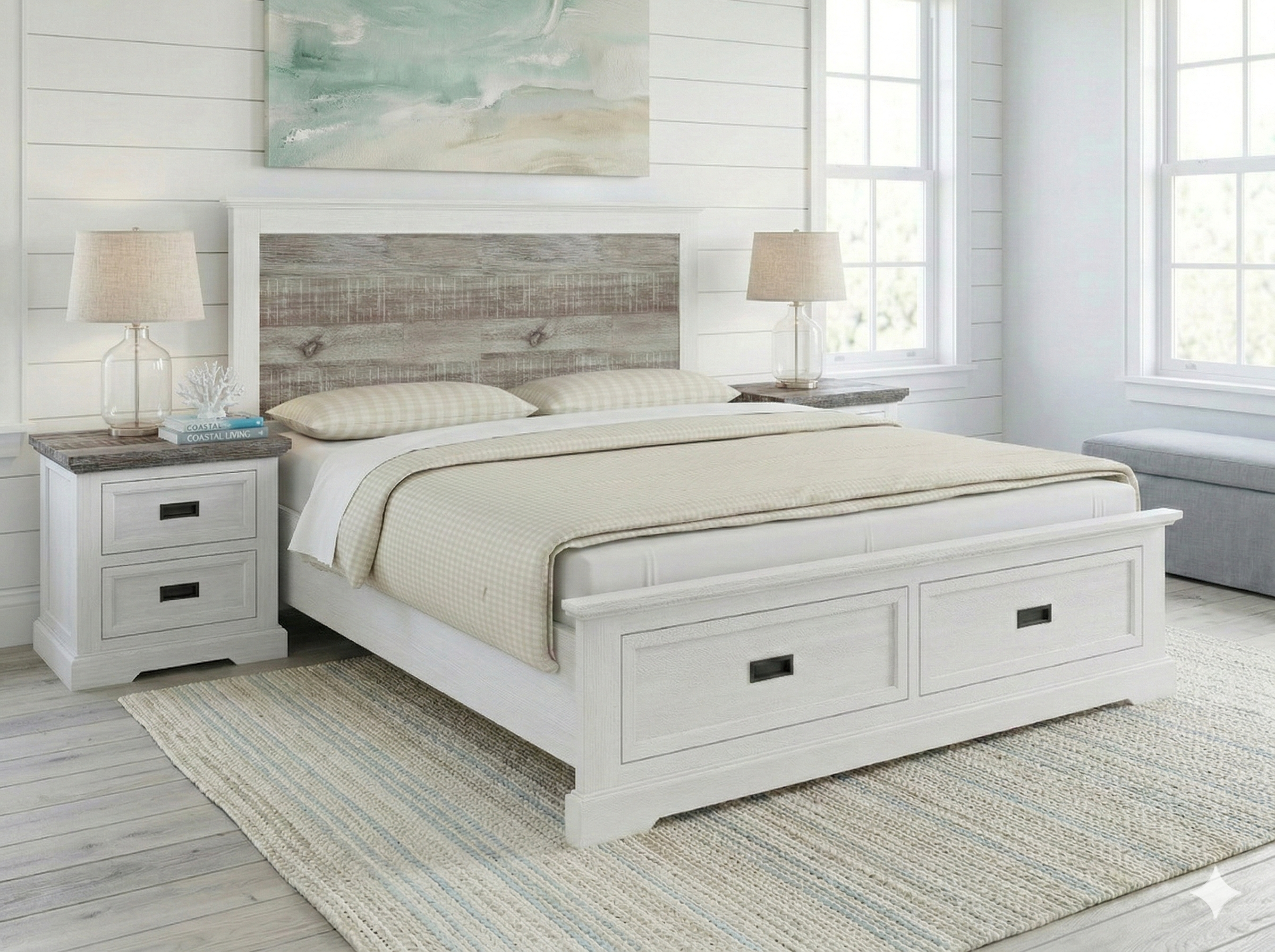 Tasman bedroom with a bed, nightstands, and artwork on the wall.