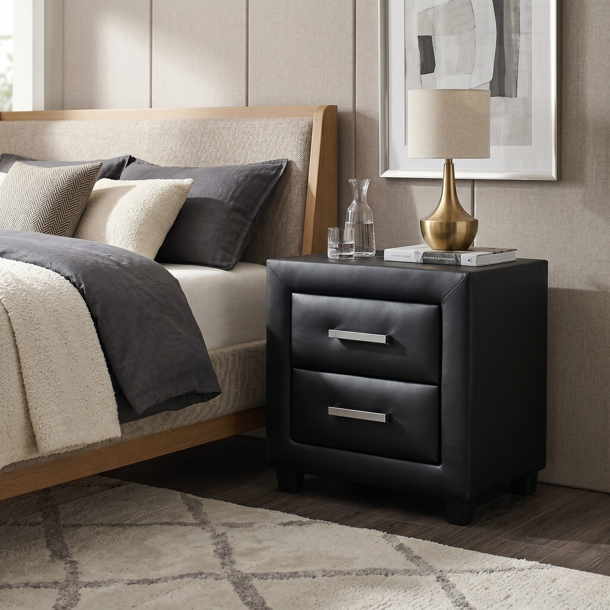 Modern bedroom with a bed, nightstand, and abstract art on the wall.