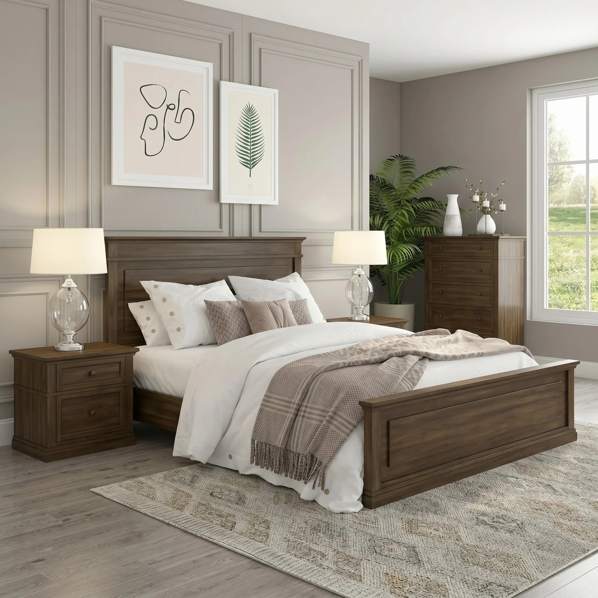 Neatly arranged bedroom with wooden furniture, bedding, and decor.