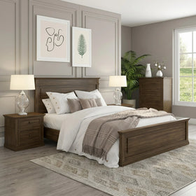 Neatly arranged bedroom with wooden furniture, bedding, and decor.