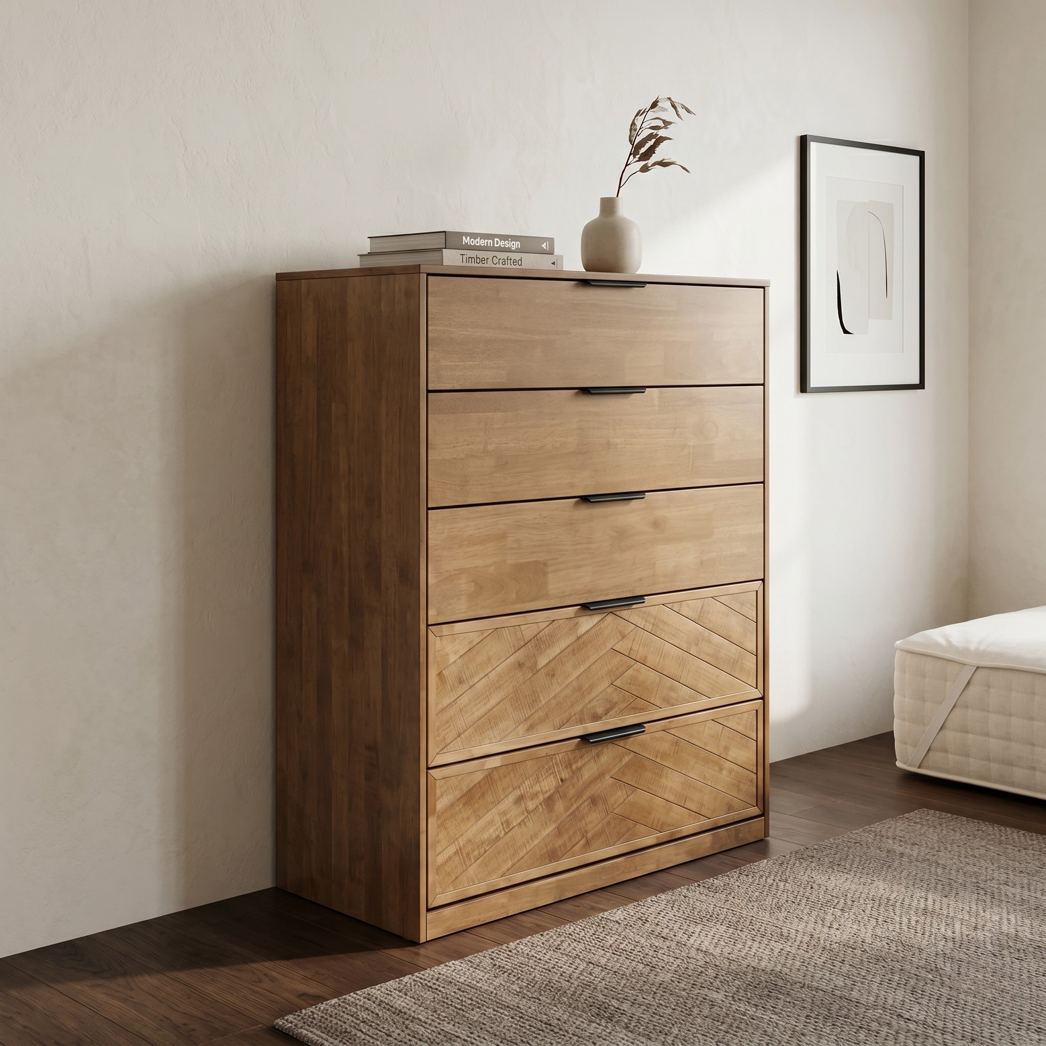 Wooden tallboy with  five  drawers in a room setting.