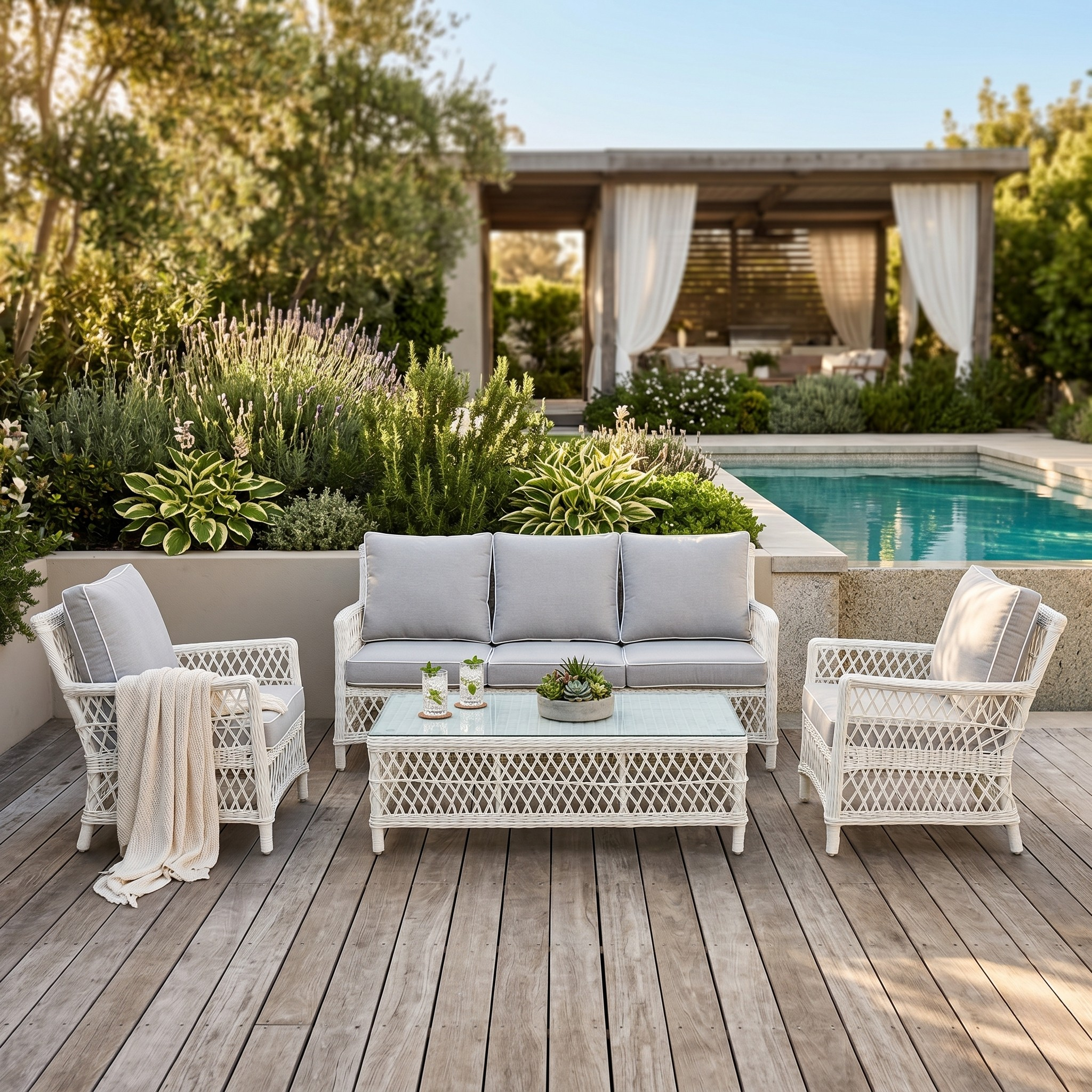 Outdoor patio set with gray cushions and white wicker chairs by a pool