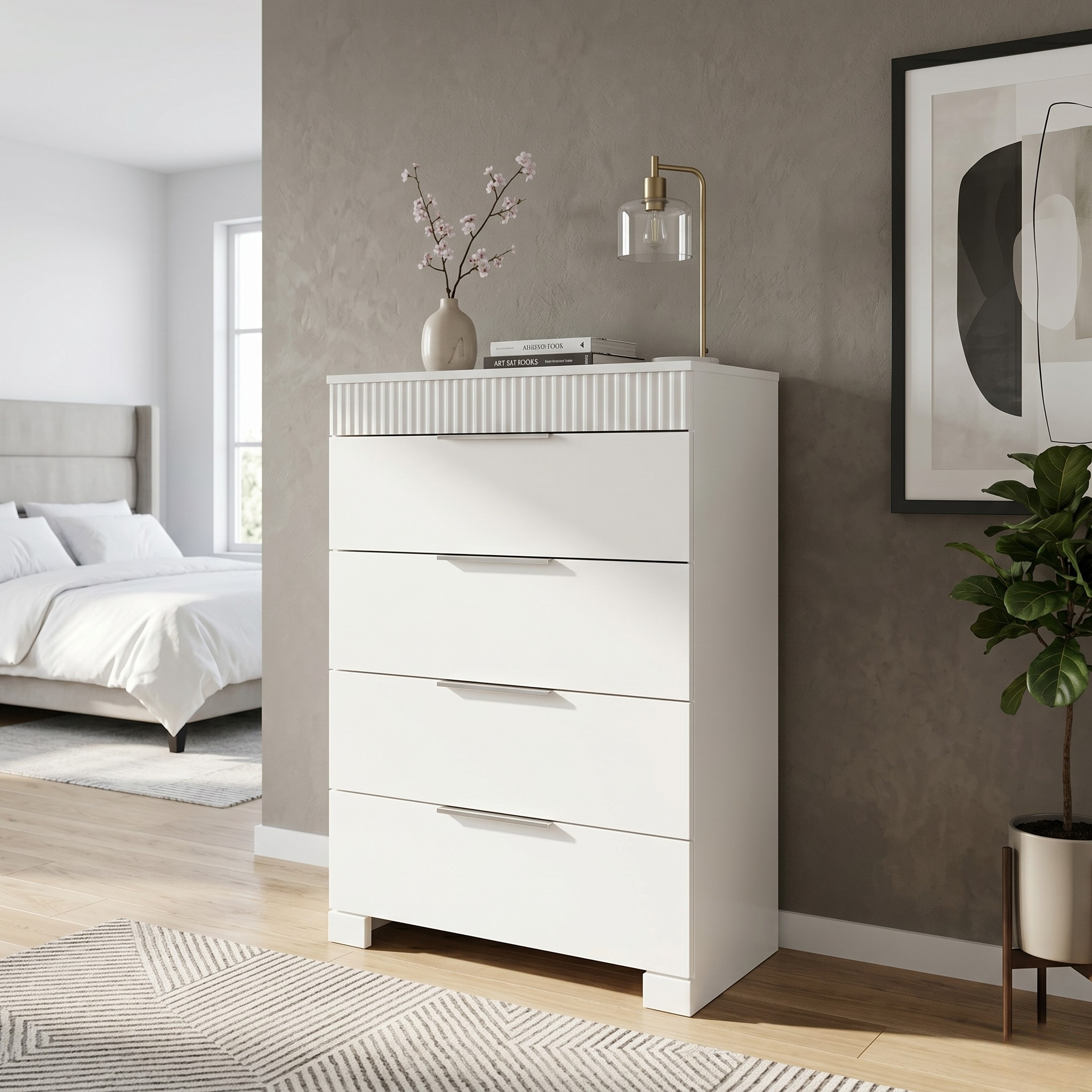 White tallboy in a bedroom setting with decor elements.