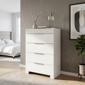 White tallboy in a bedroom setting with decor elements.
