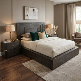 Modern bedroom with wooden bed, nightstands, and decor