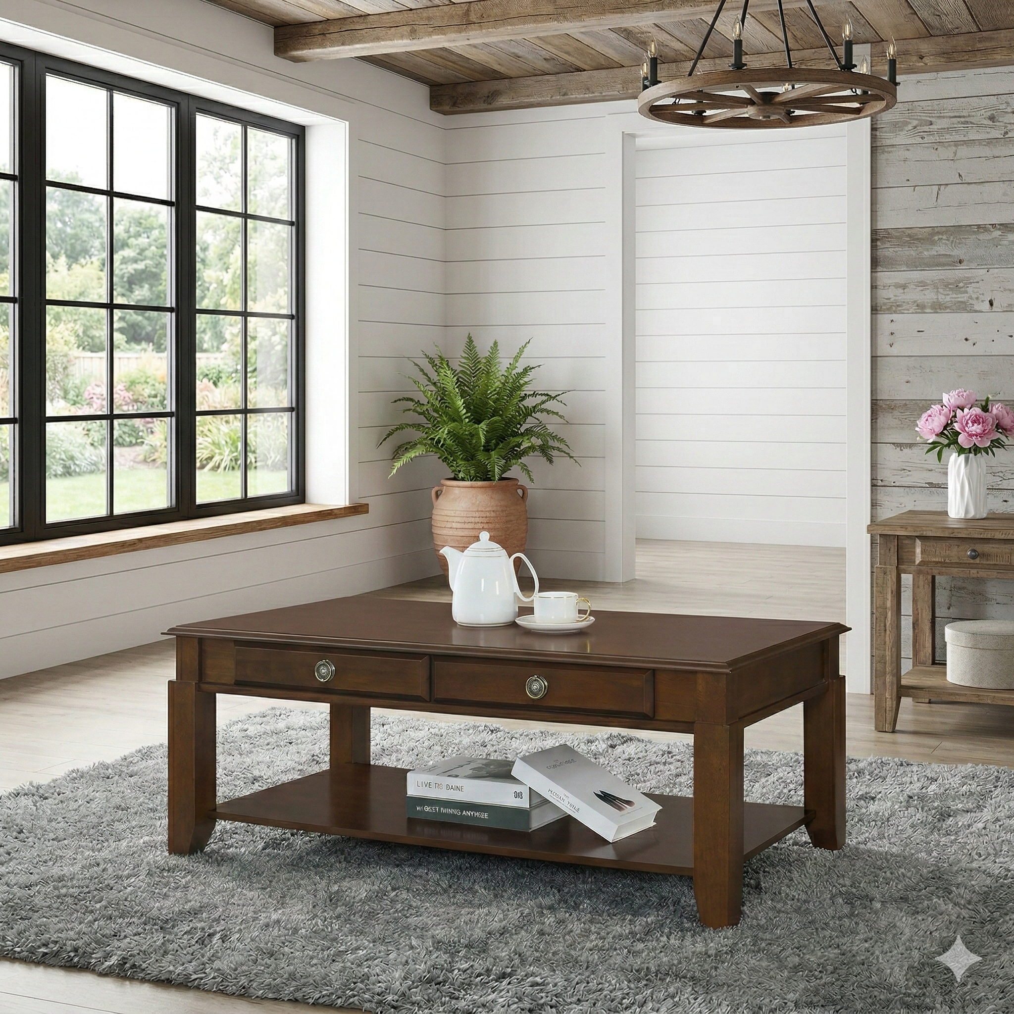 Wooden coffee table in a room with a large window, plants, and a chandelier.