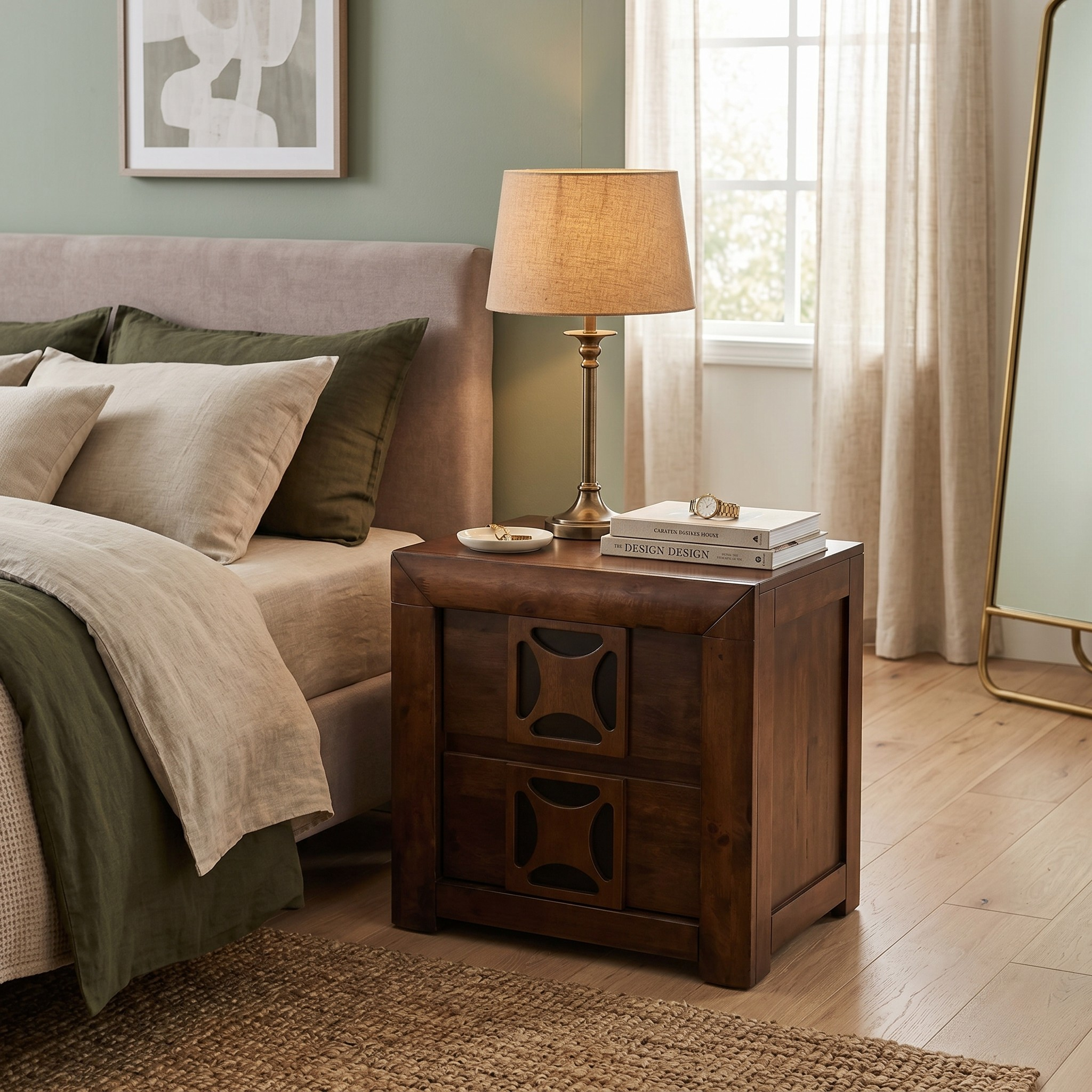 Wooden nightstand with lamp and books next to a bed in a bedroom.