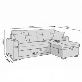 Gray sectional sofa with dimensions labeled on a white background