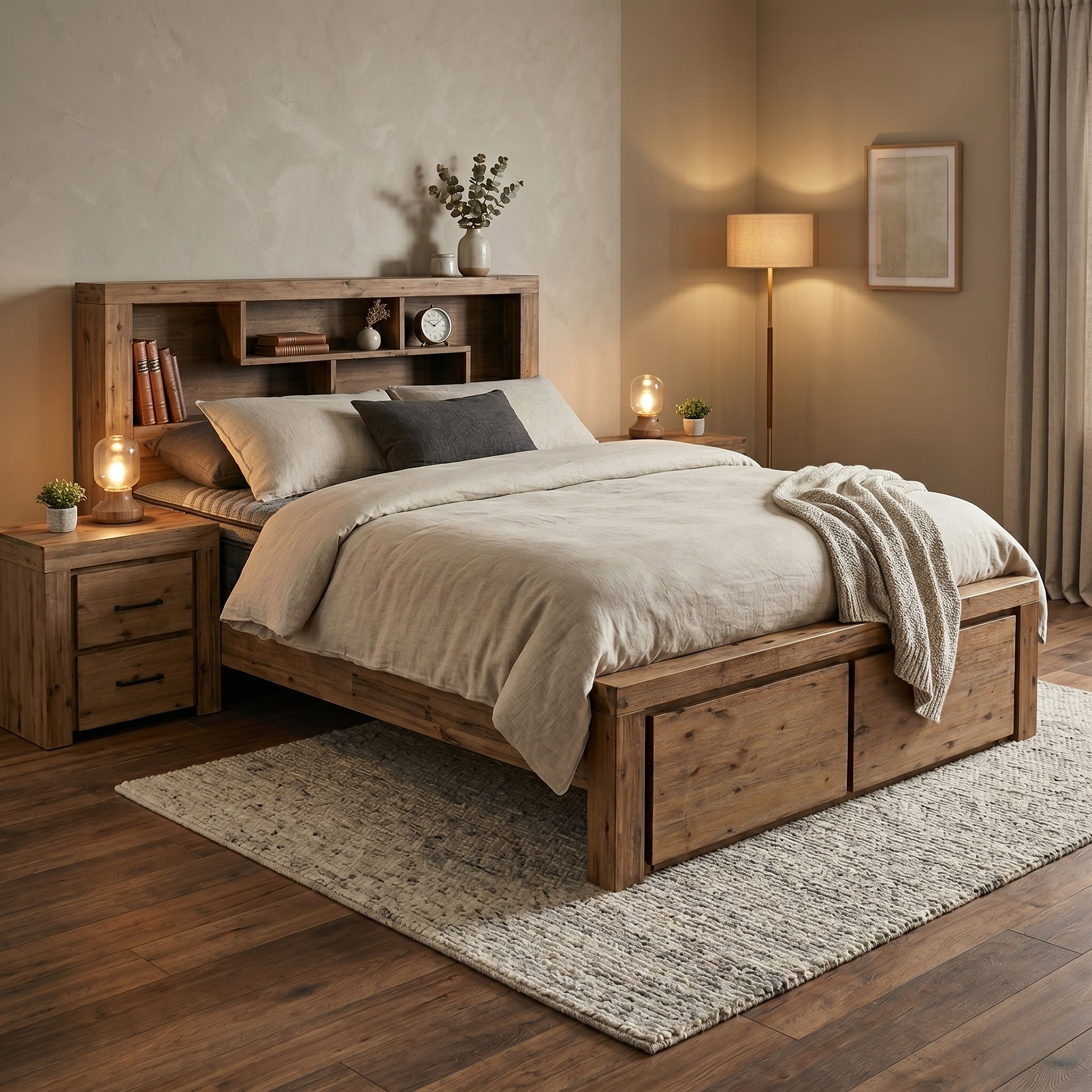 Wooden bed with storage drawers in a bedroom setting.