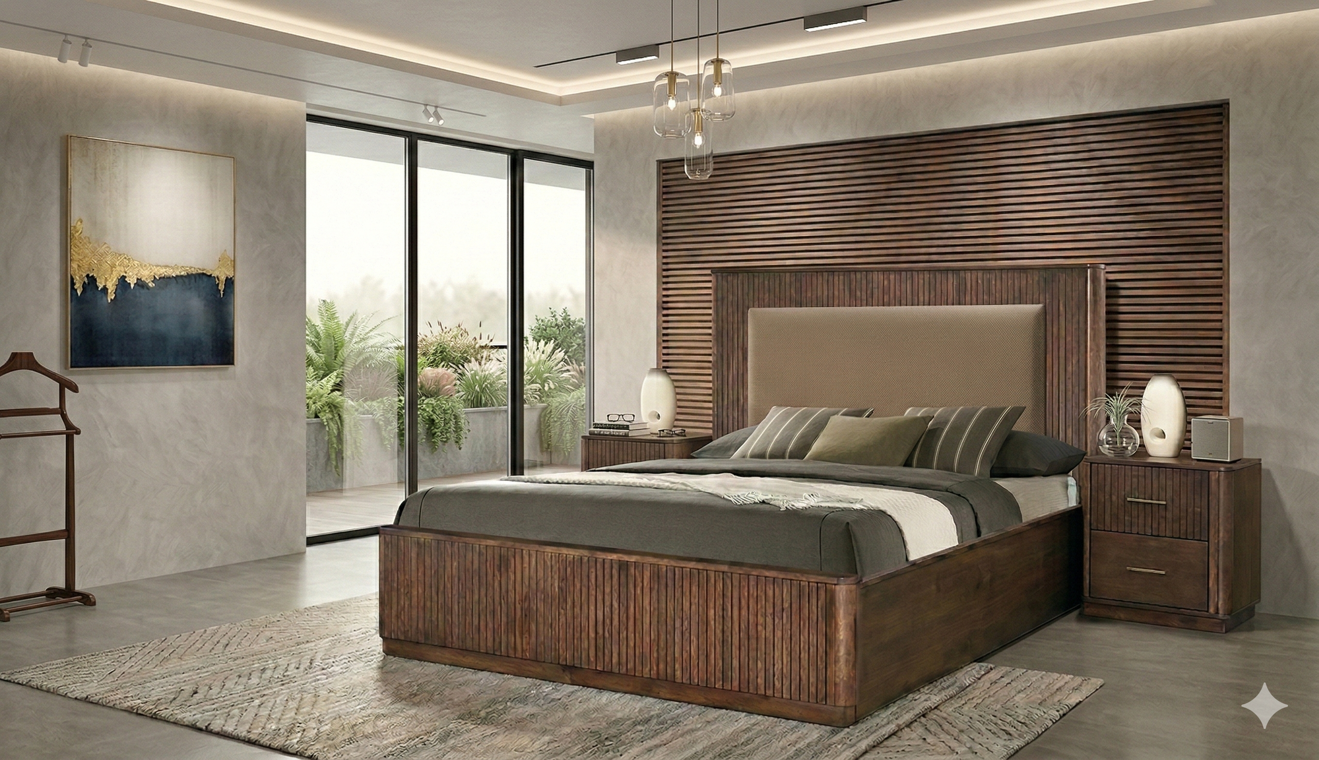 Modern bedroom with wooden bed and side tables, featuring a painting on the wall.