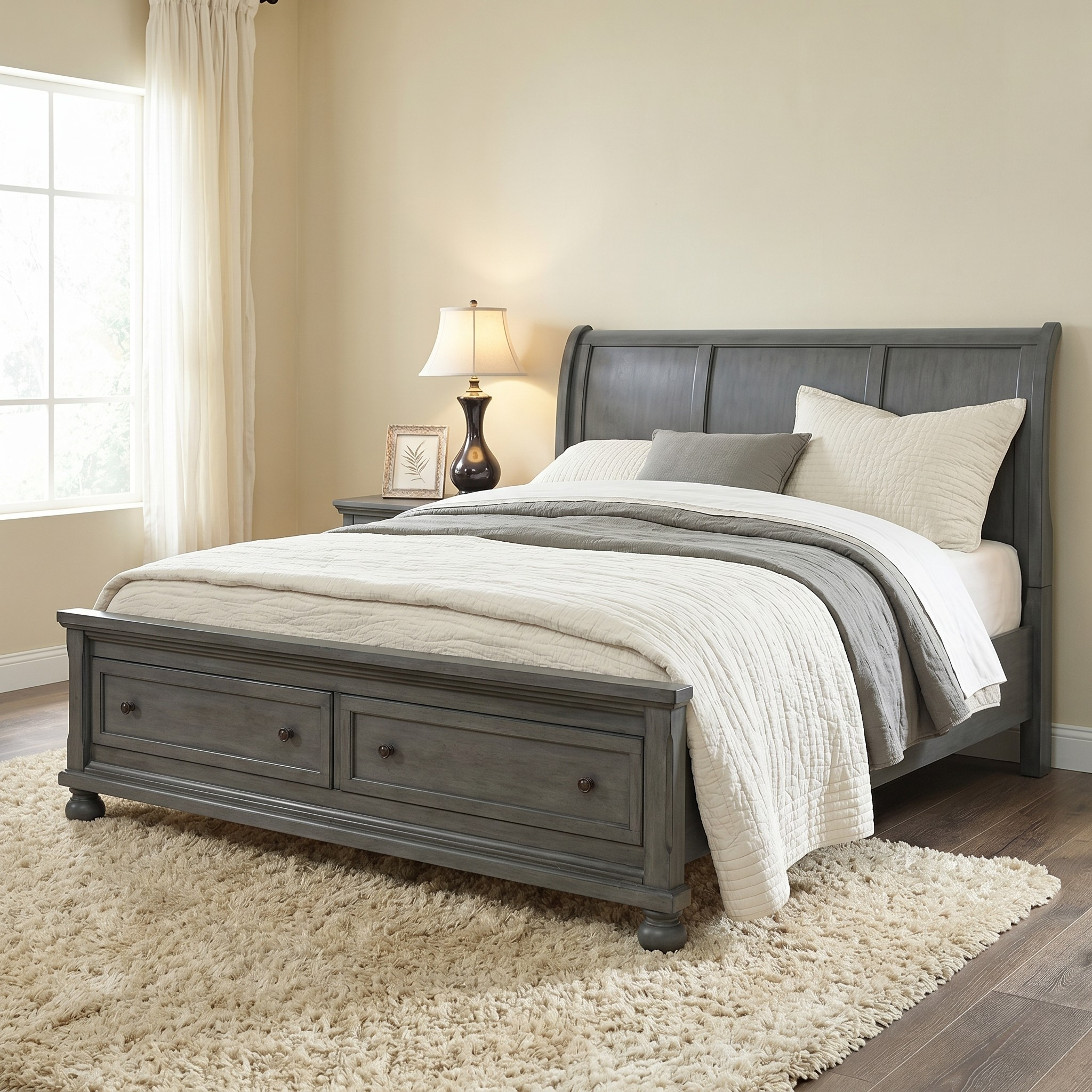 Bedroom with a gray wooden bed, white bedding, and a lamp on a nightstand.
